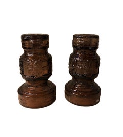 Vintage Textured Scandinavian mid-century brown glass candlesticks for Ruda Glasbruk