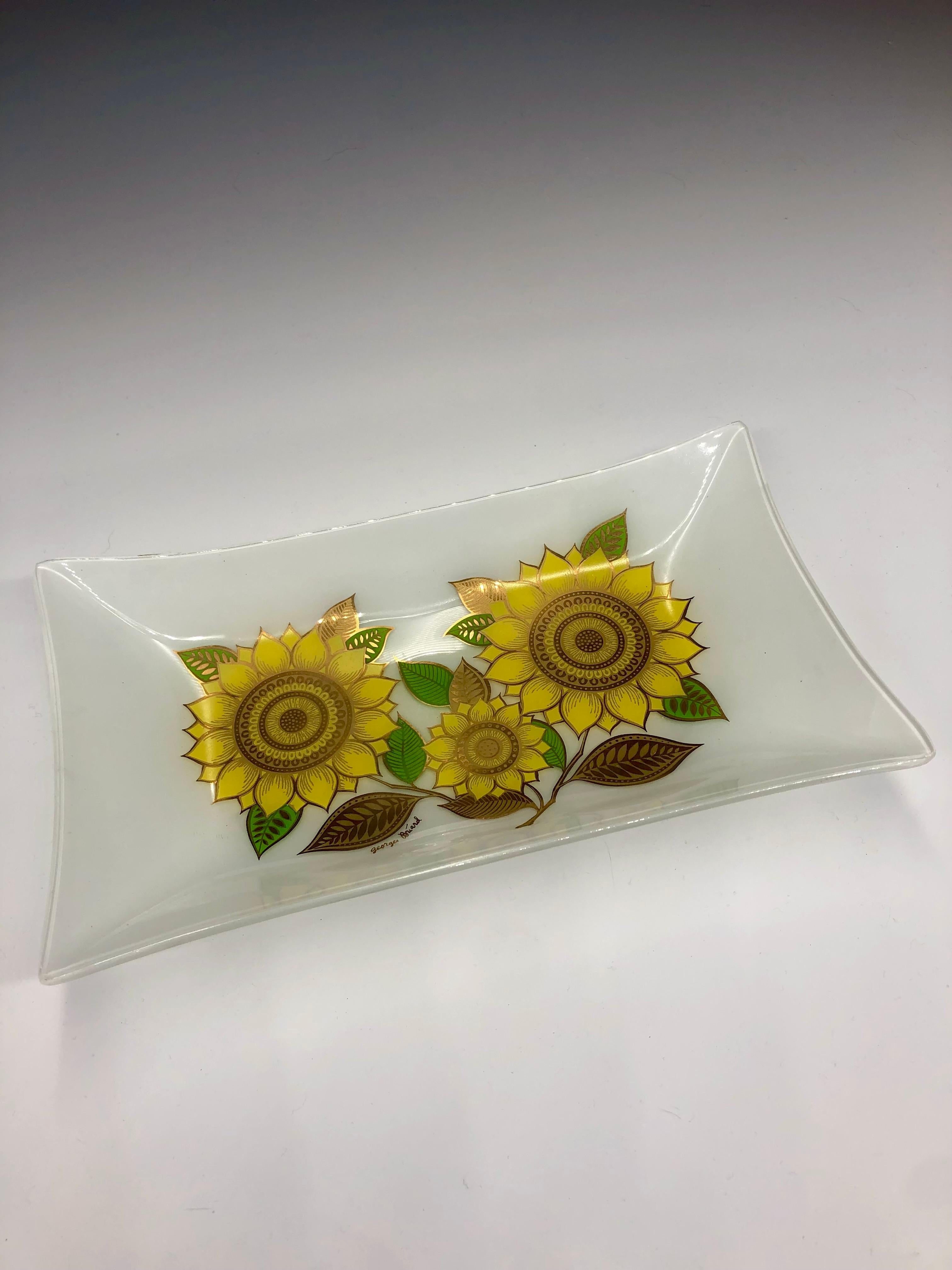 Vintage Georges Briard Glass Rectangular Sunflower Dish Tray 1