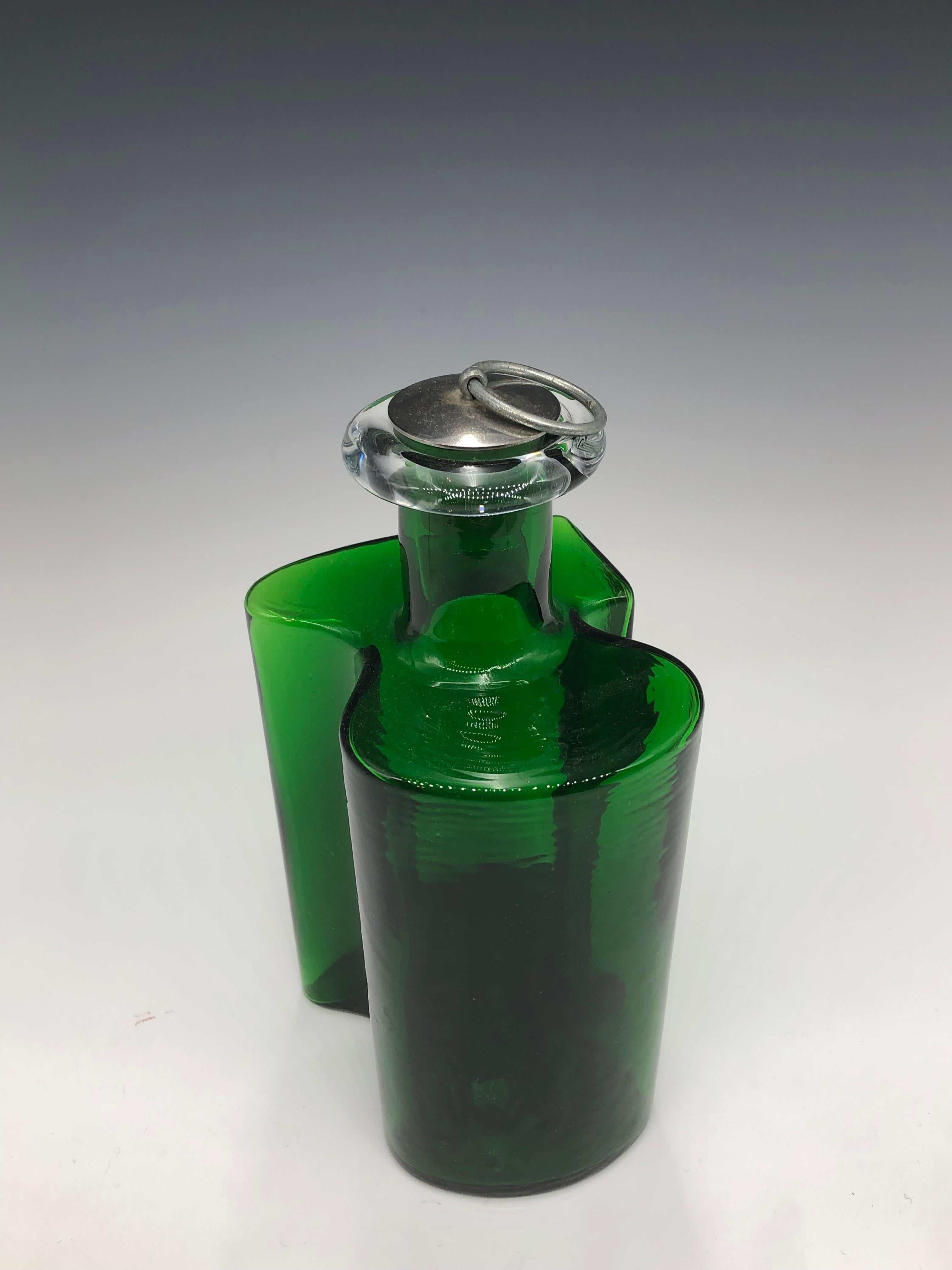 Vintage Danish Modern Holmegaard Green Glass Decanter - Cubist Art by Holmegaard Glass Company
