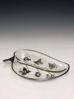 Vintage Georges Briard Clear Leaf Tray Dish With Silver Floral Detail