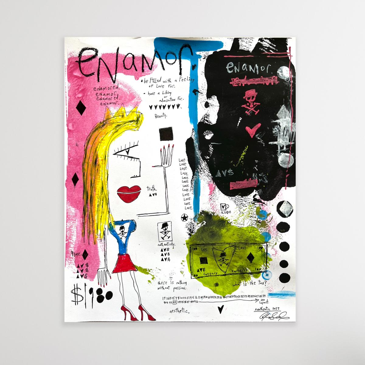 Enamor - Figurative work on paper with text - Painting by Adam Baranello