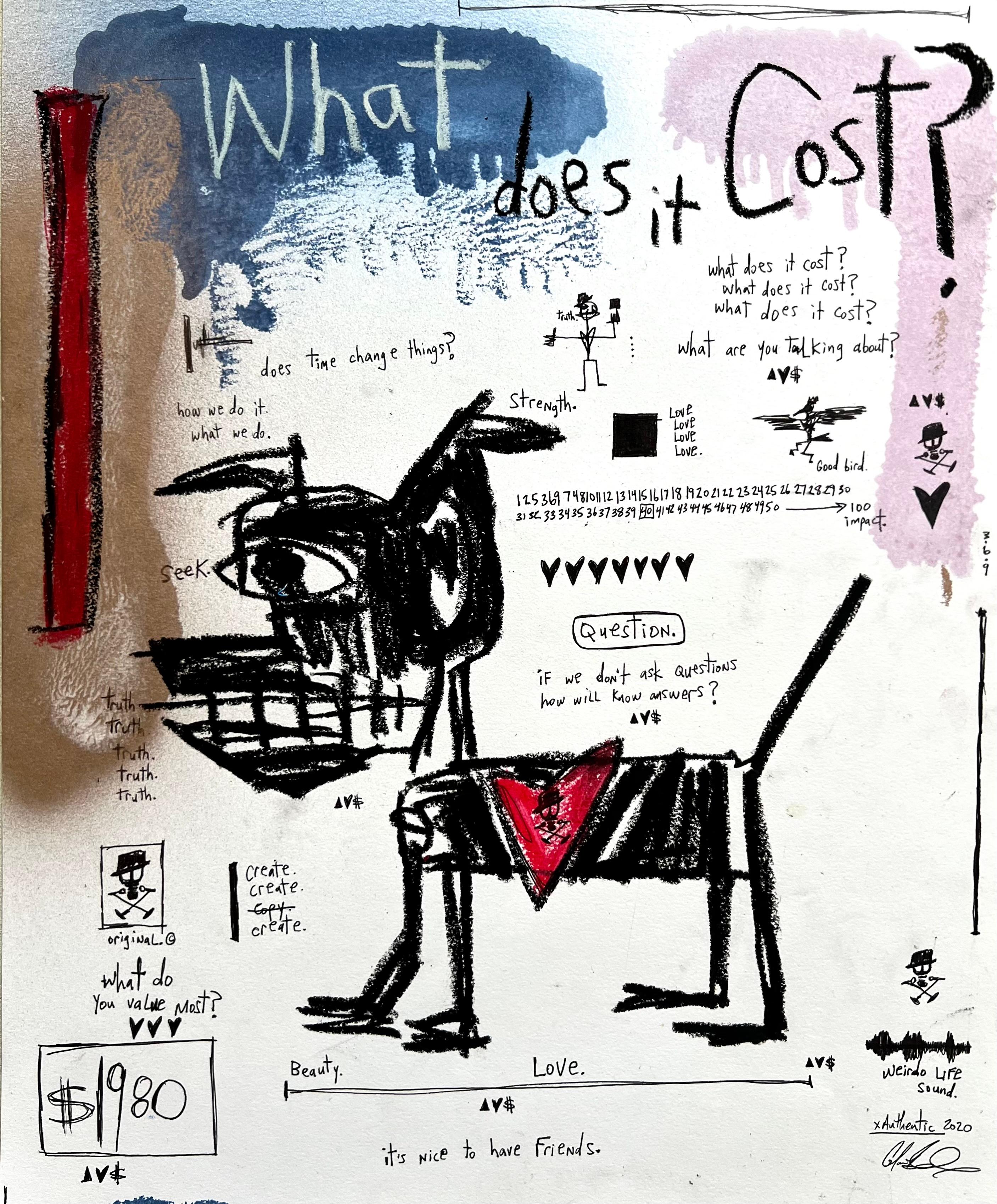 "¿Cuánto cuesta?" - Obra figurativa sobre papel con perro y texto