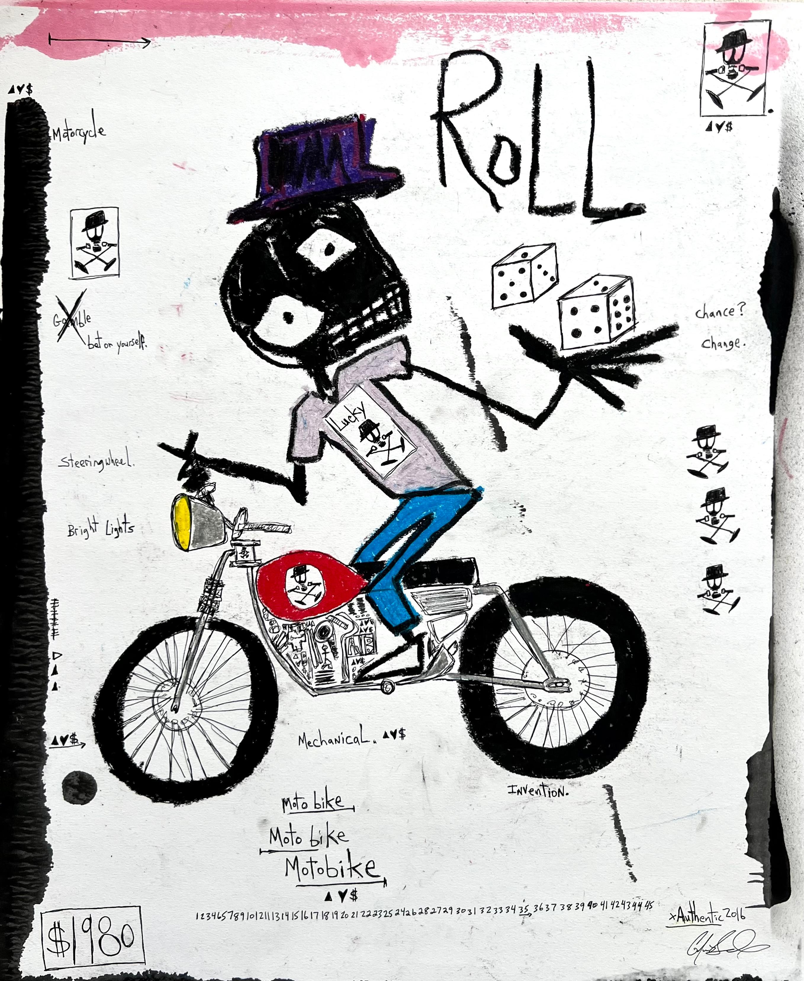 "Rollo" - Obra figurativa sobre papel con bicicleta y texto