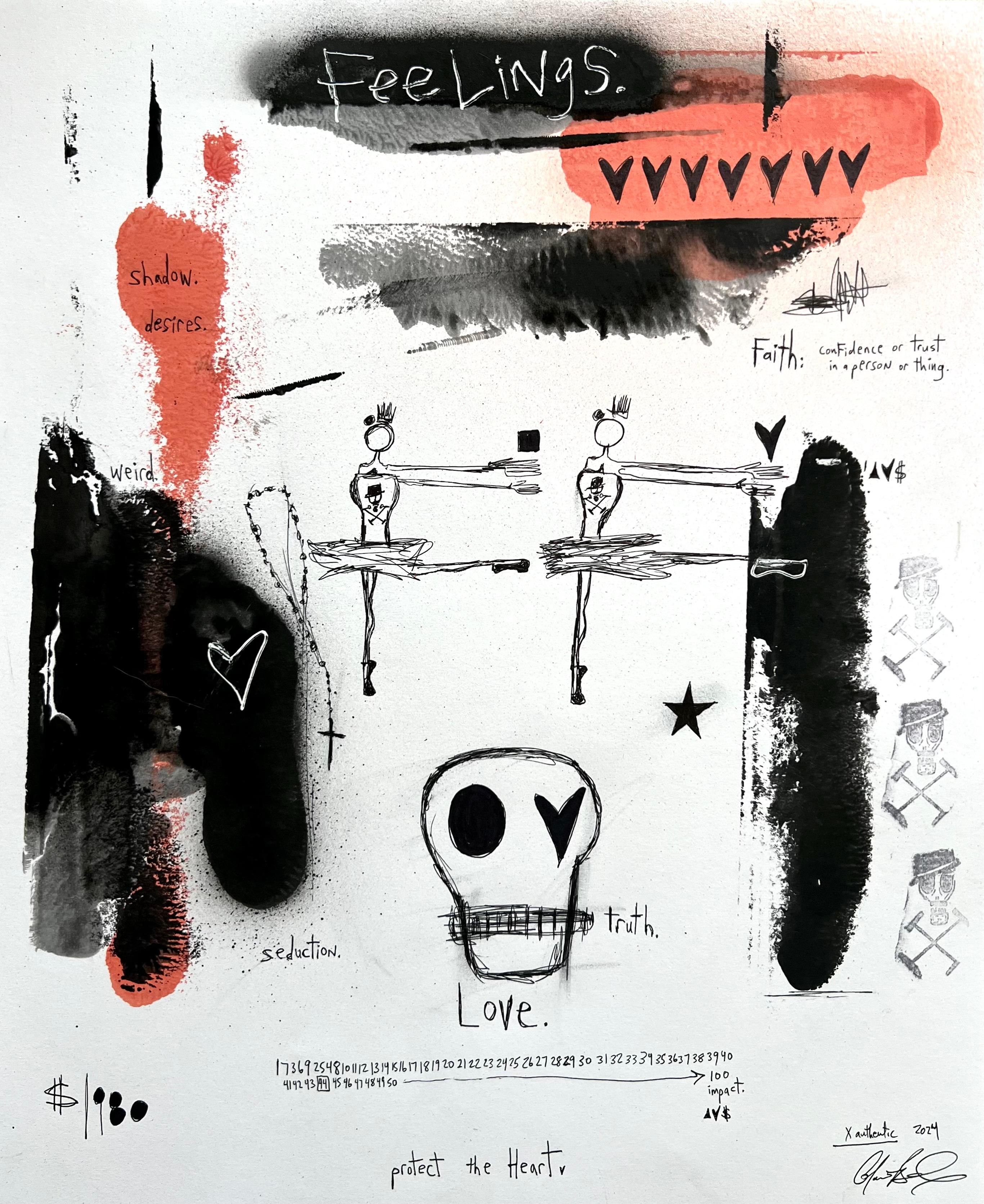 „Feelings“ – Figurative Arbeiten auf Papier mit Tänzern und Text