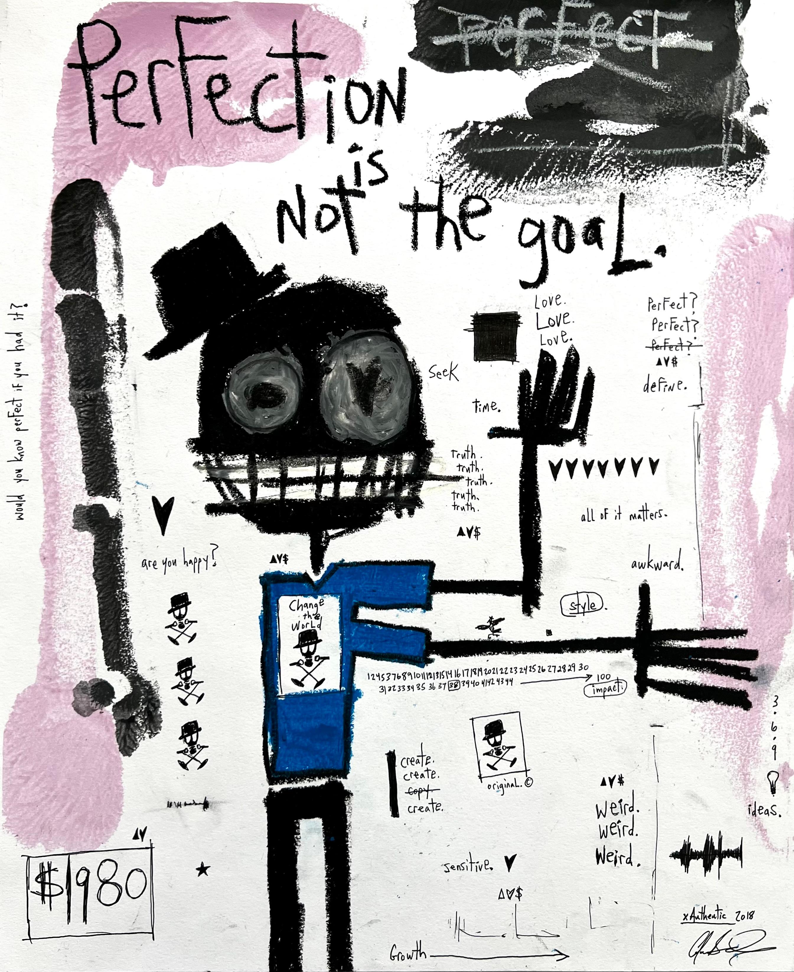"La perfección no es la meta" - Obra figurativa sobre papel con texto