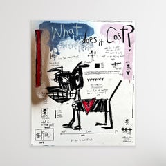 "Qu'est-ce que ça coûte ? -Œuvres figuratives sur papier avec chien et texte