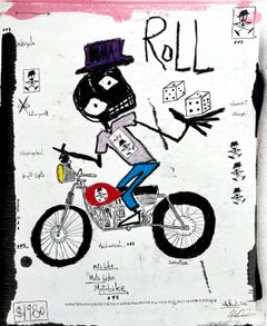 "Roll"  Figurative work on paper with bicycle and text