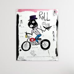 "Roll"  Figurative work on paper with bicycle and text