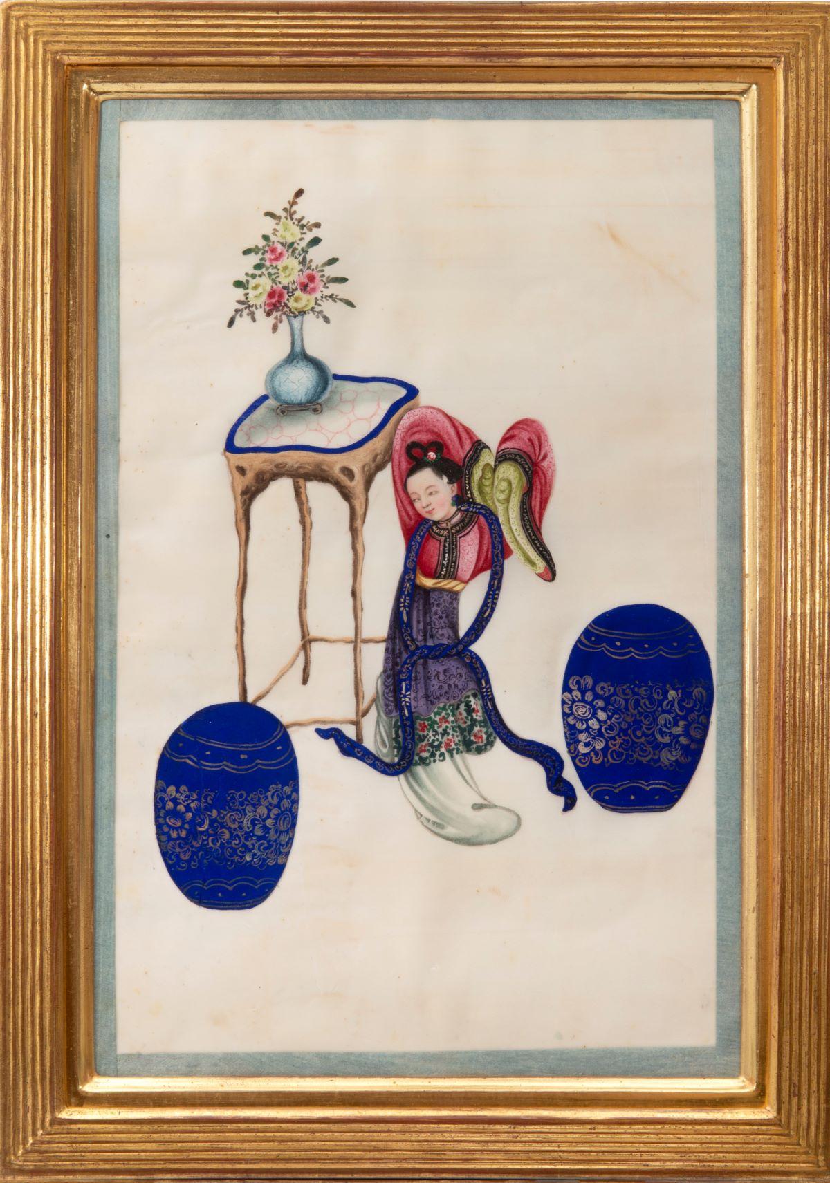 [CHINESE EXPORT WATERCOLOURS ON PITH PAPER].
Group of 12 Courtiers. 
Mid to late nineteenth century.

12 hand painted water-colours on pith paper, pale blue silk borders, a few minor cracks and tears to rice paper as often.  Framed and glazed,