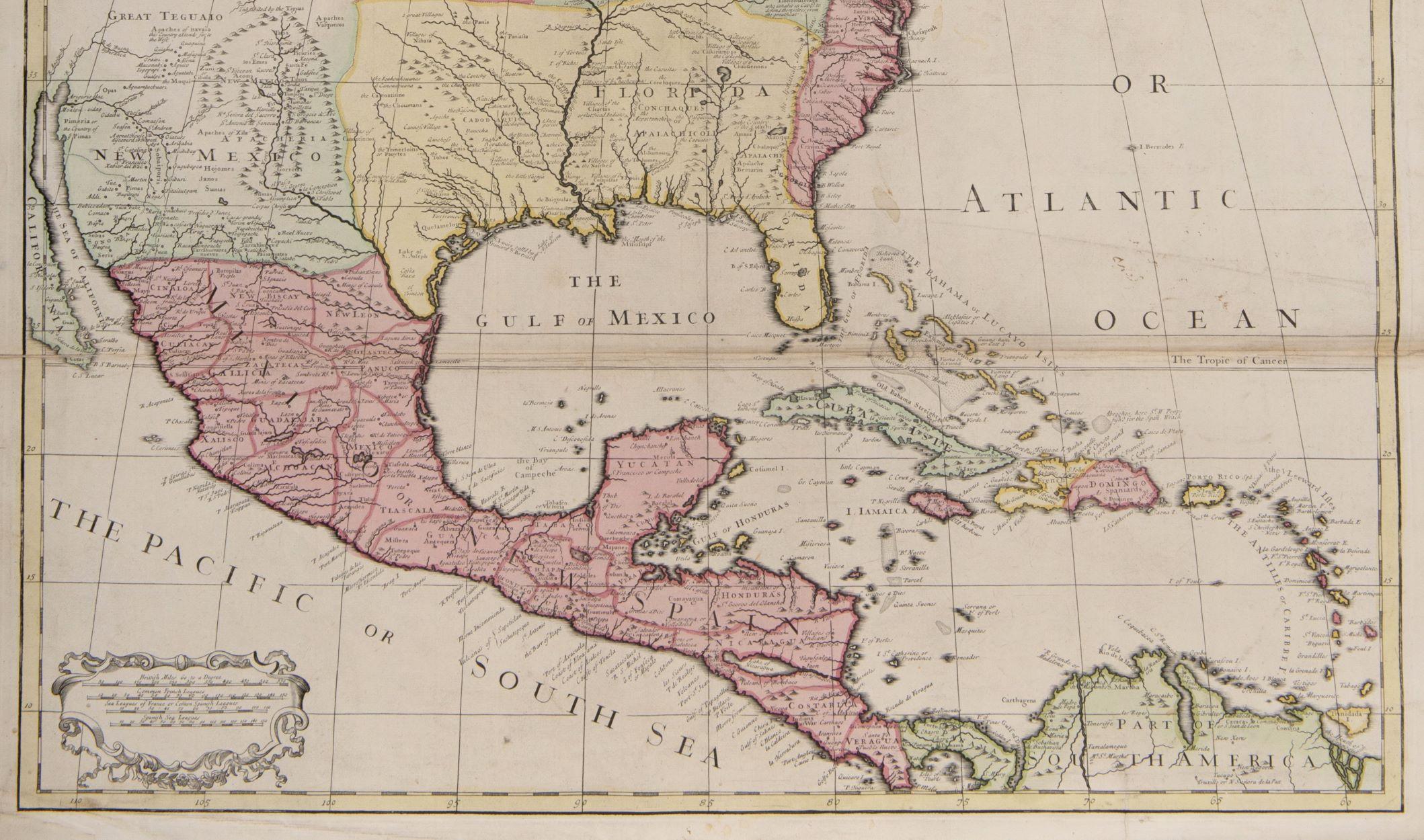 eine der frühesten großformatigen englischen Karten von Nordamerika
SENEX, John.
Nord-Amerika  Korrigiert nach den Beobachtungen, die der Royal Society in London und der Royal Academy in Paris mitgeteilt wurden. Von John Senex F.R.S. 1710.  An den