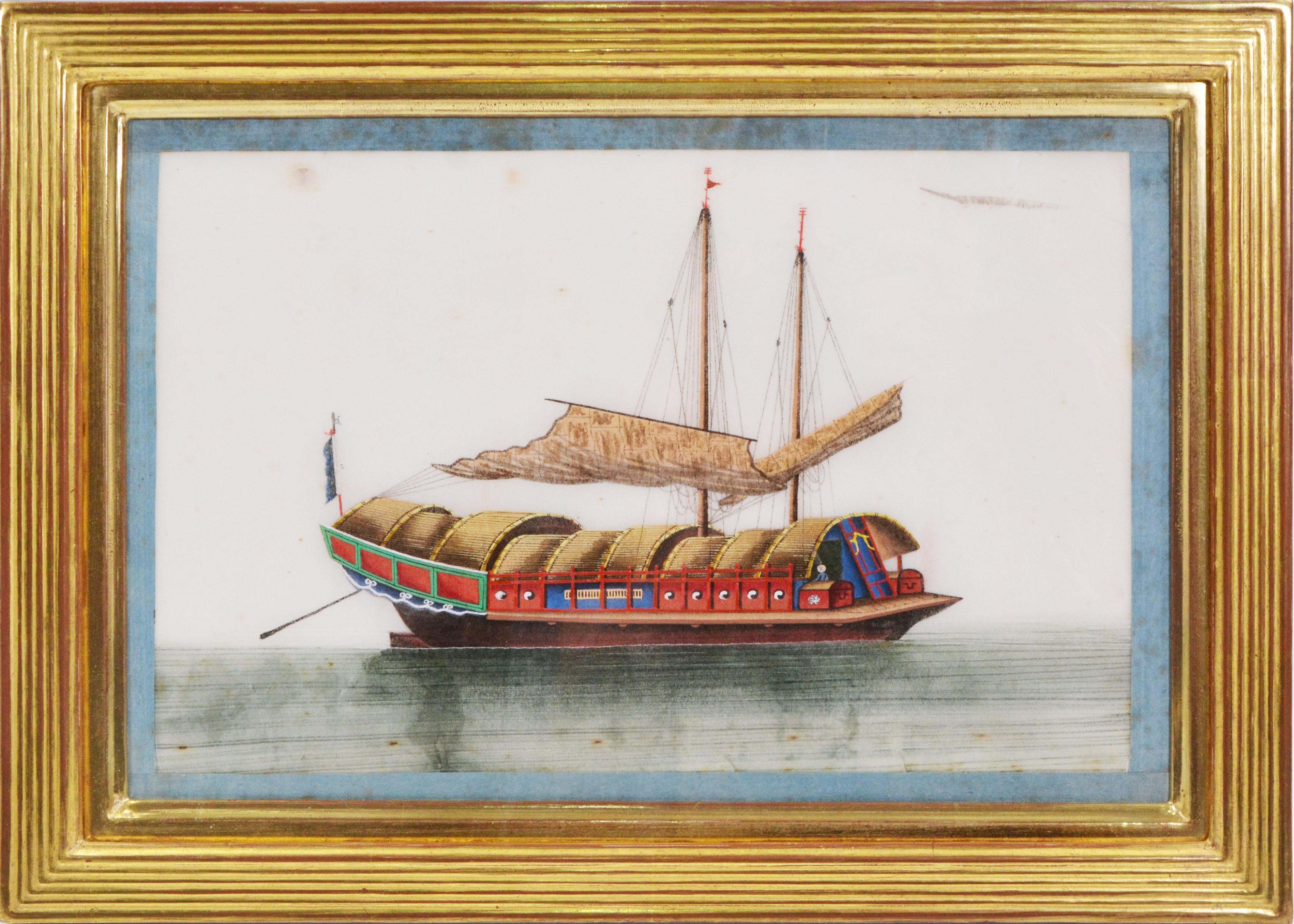 A Group of Twelve Chinese Junks and Barges. - Beige Landscape Print by Unknown