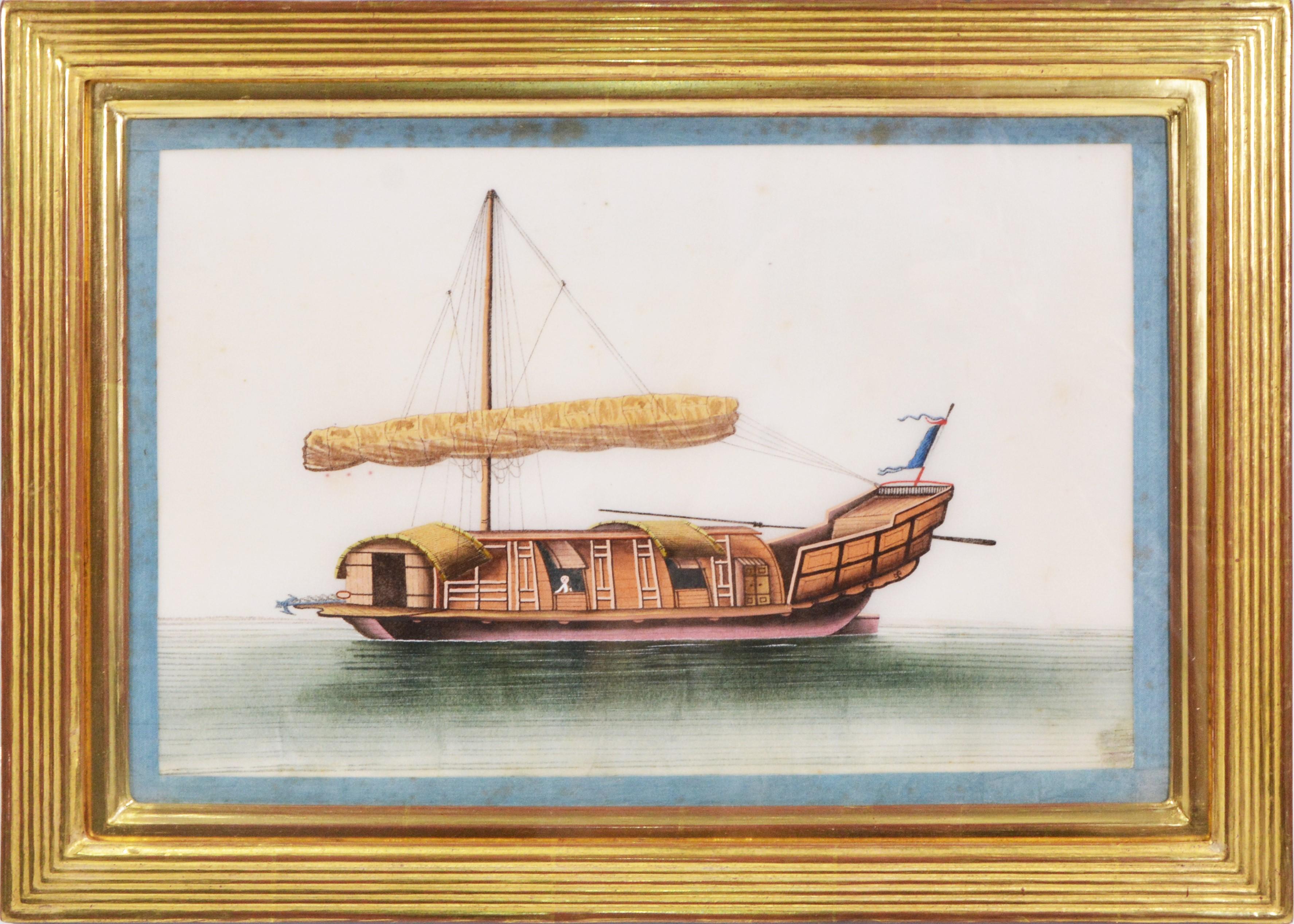 [China Export Water-colours on Pith Paper].
A Group of Twelve Chinese Junks and Barges.
c. 1860.

Water-colour and gouache studies on pith paper, edged in blue silk ribbon.

The vessels depicted include variants of the traditional flat-bottomed