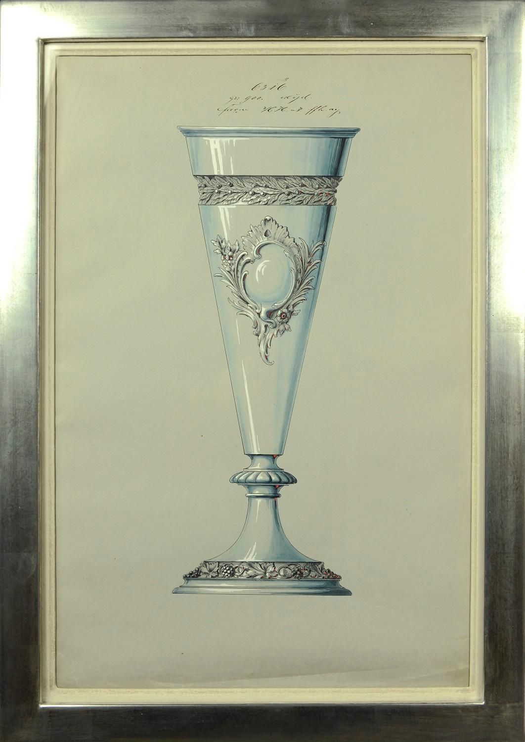 [ANON.]
Collection of Watercolour Designs for Silverware.
South Germany, [Late 19th century]. 

A series of 9 watercolours, each framed and glazed, overall size: 440 by 633mm (17¼ by 25 inches). These charming watercolours include drawings of