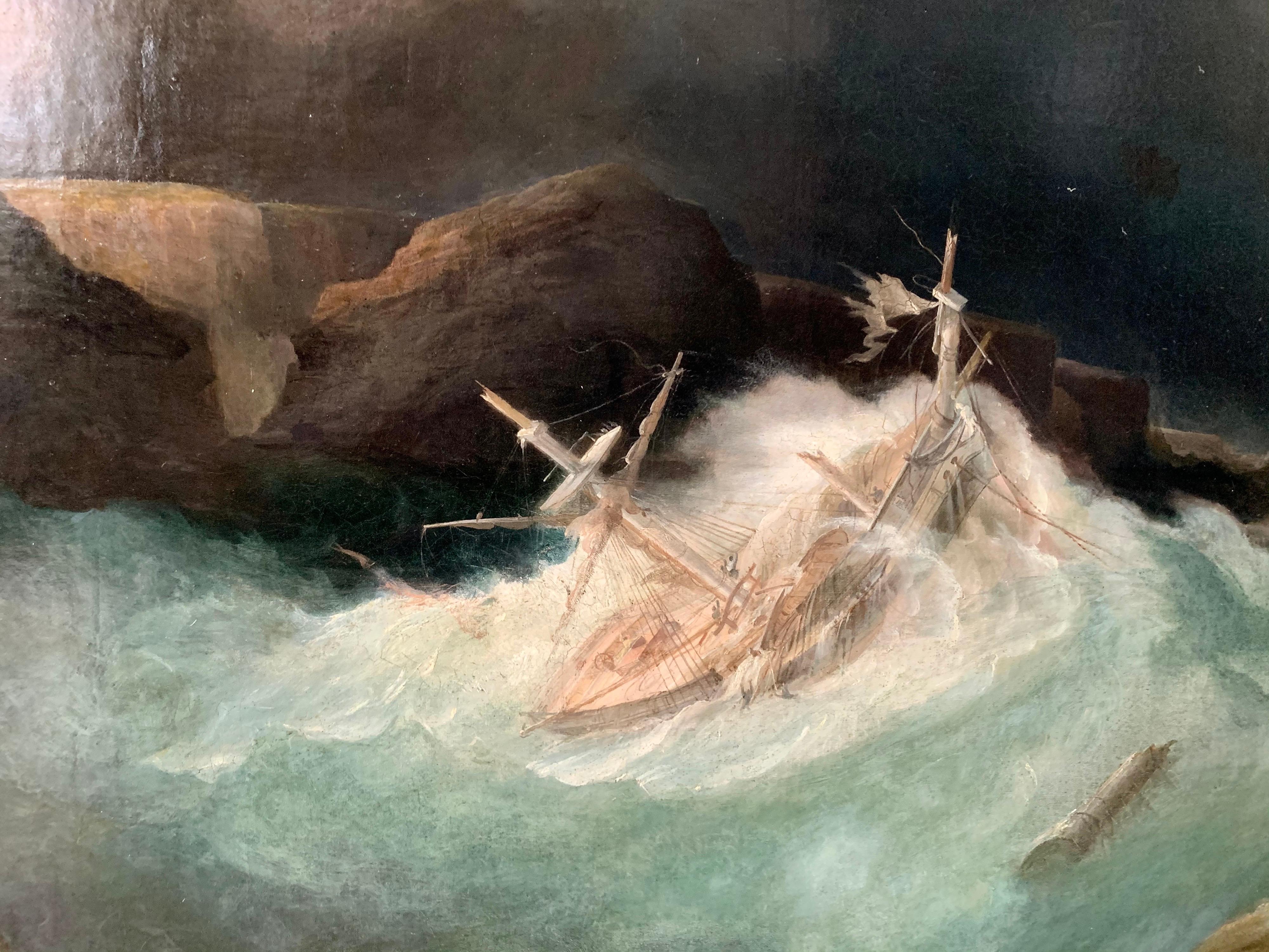 19th century British Marine painting - The storm - Seascape Lightening Ship 1