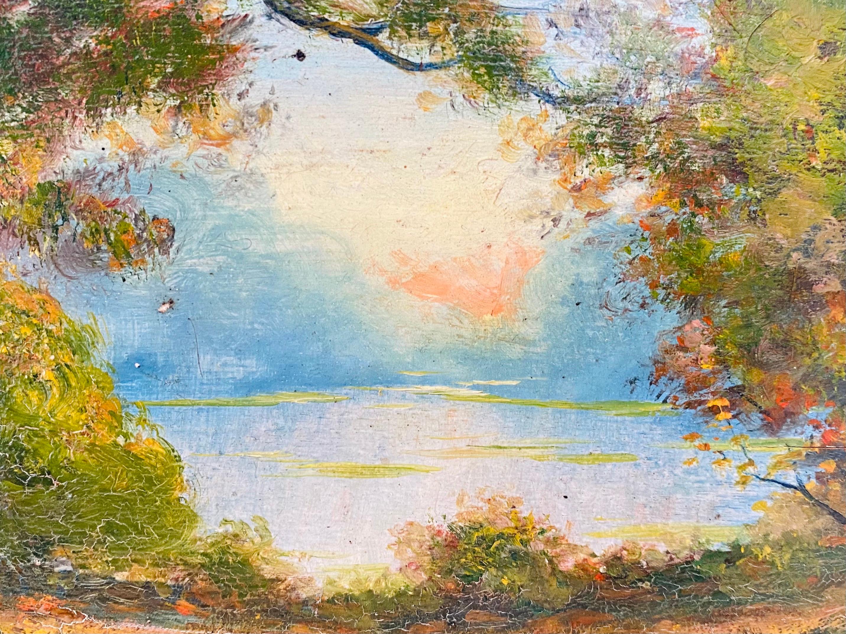French Impressionist Ecole de Paris Painting - Sunset in a Park - Landscape Lake - Black Landscape Painting by Maurice Leleu