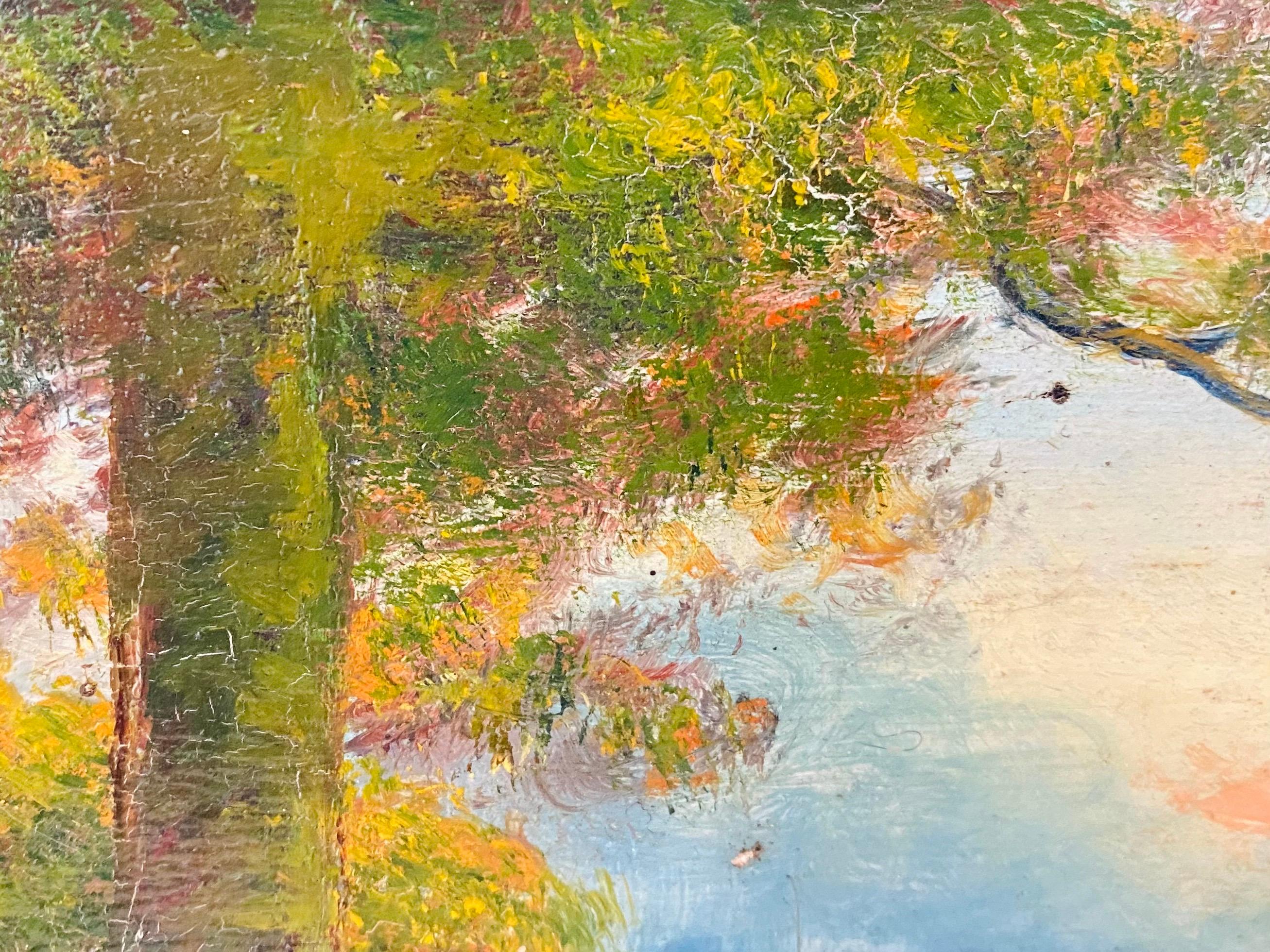 French Impressionist Ecole de Paris Painting - Sunset in a Park - Landscape Lake 1