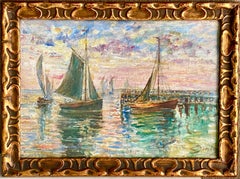 French 19th century impressionist painting Mediterranean - Sailing Boats Harbour