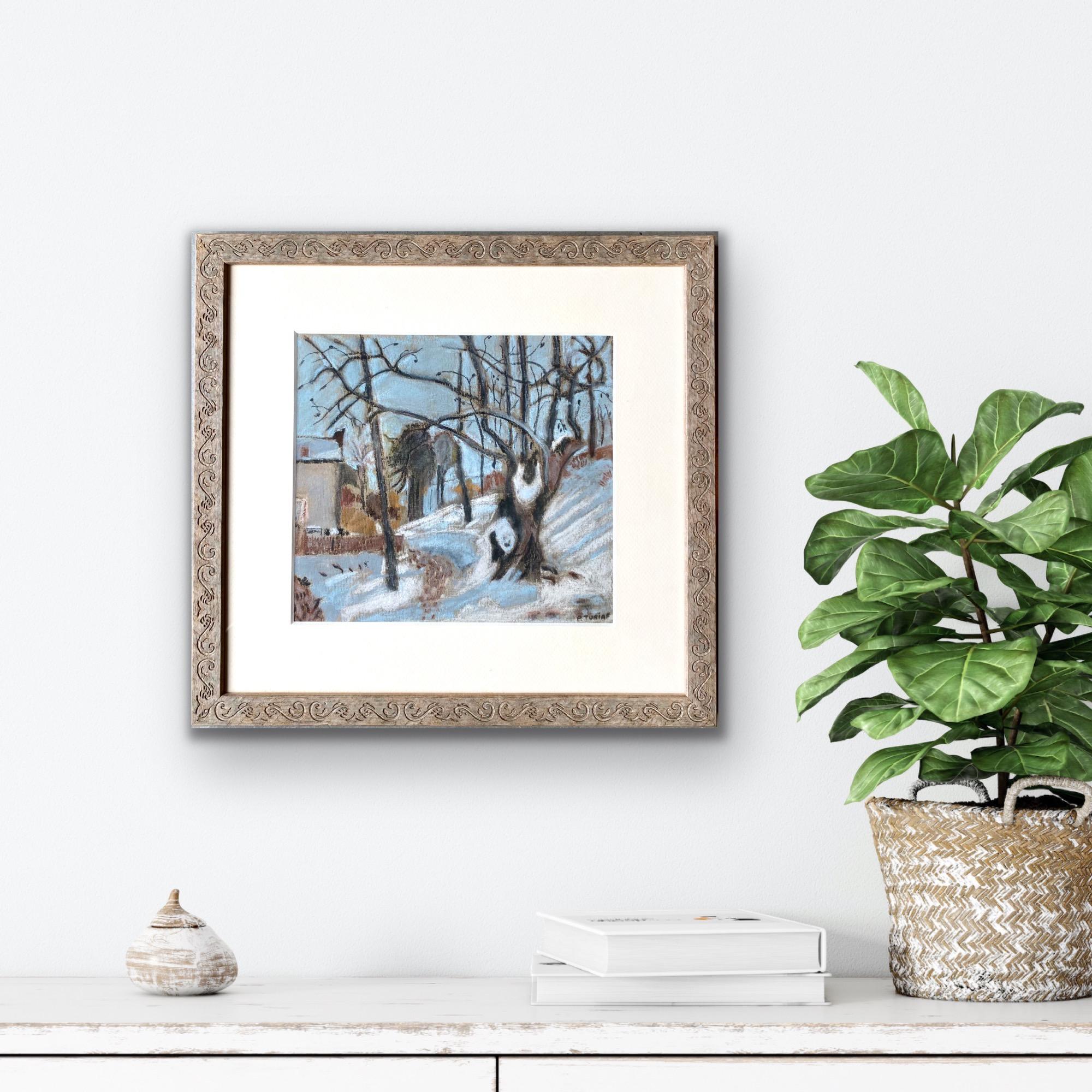 Petite French gouache of a snowy cityscape - Snow Paris watercolour pastel  - Painting by Unknown