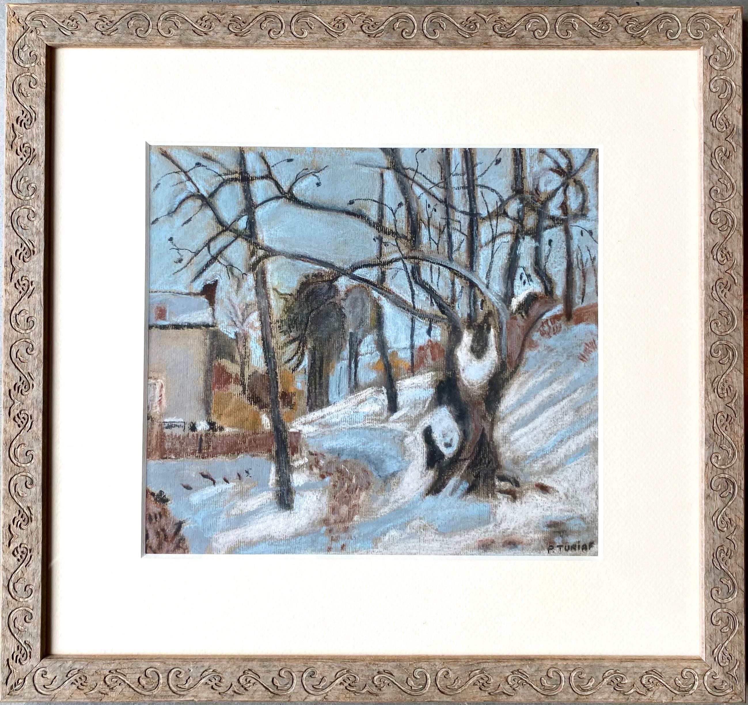 Unknown Landscape Painting - Petite French gouache of a snowy cityscape - Snow Paris watercolour pastel 