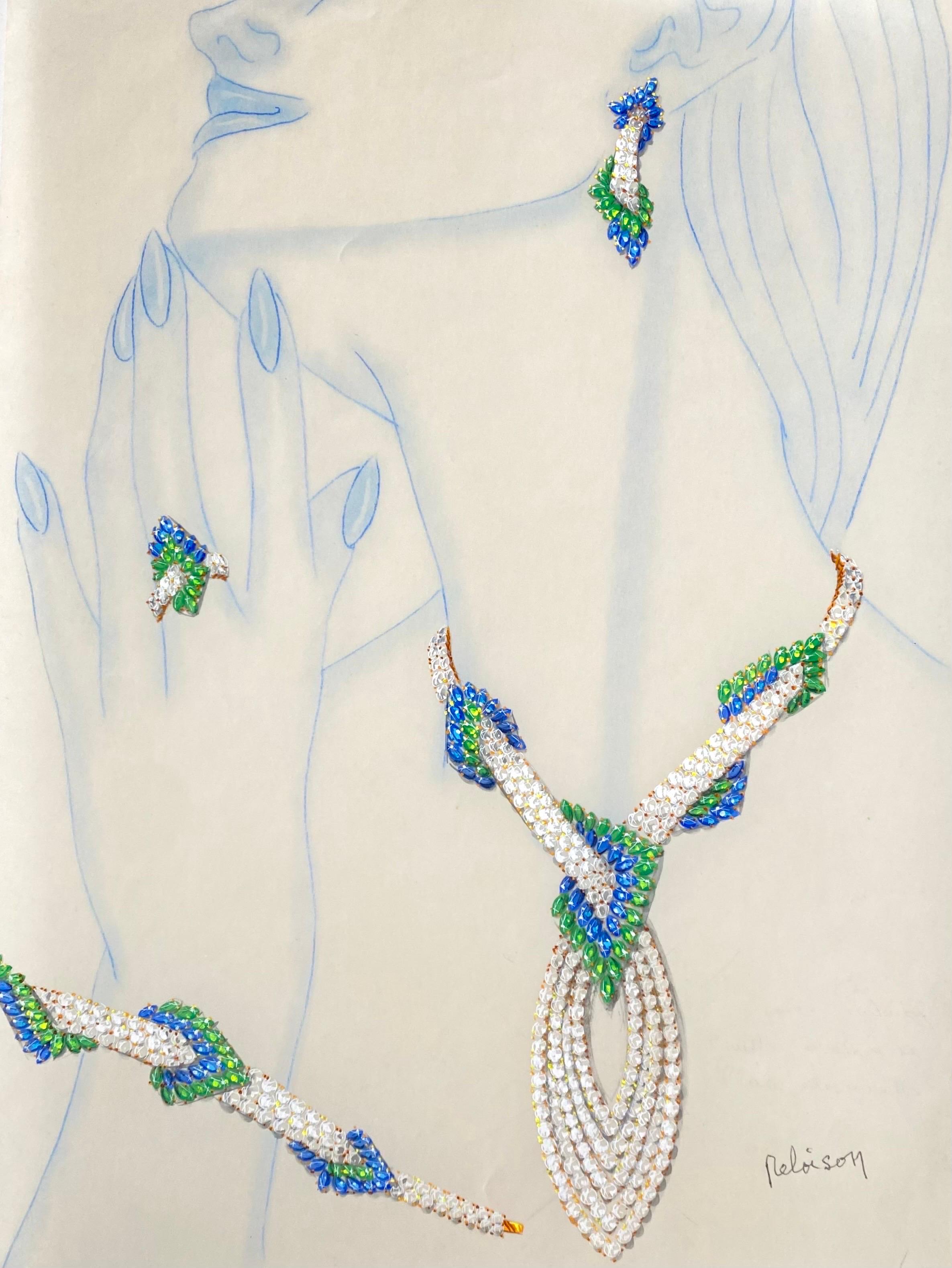 Philippe Deloison Portrait - Sketch for a jewel set - necklace and earrings - Van Cleef Bulgari Cartier 1985