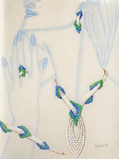 Sketch for a jewel set - necklace and earrings - Van Cleef Bulgari Cartier 1985