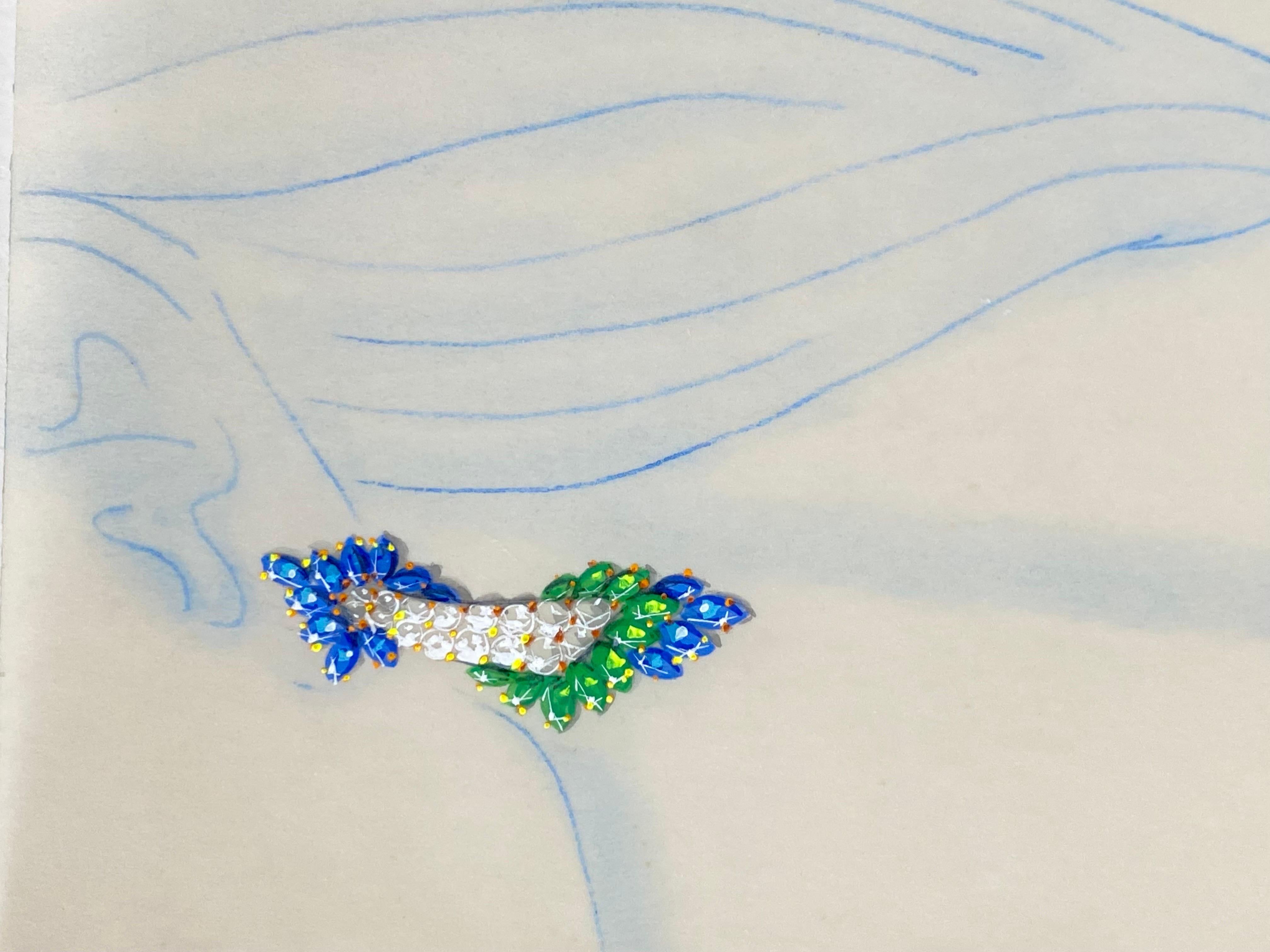 Sketch for a jewel set - necklace and earrings - Van Cleef Bulgari Cartier 1985 - Art by Philippe Deloison