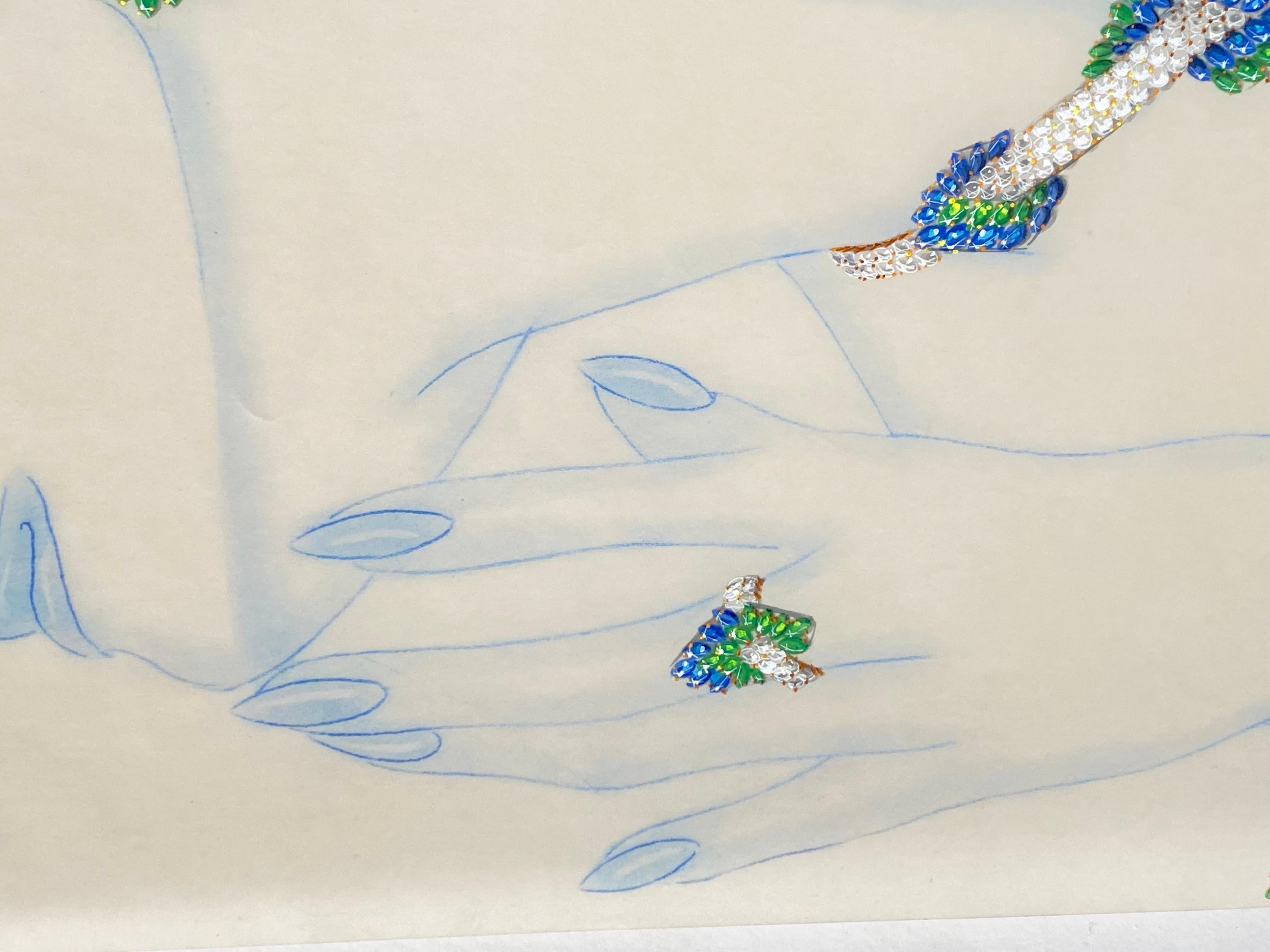 Sketch for a jewel set - necklace and earrings - Van Cleef Bulgari Cartier 1985 - Photorealist Art by Philippe Deloison