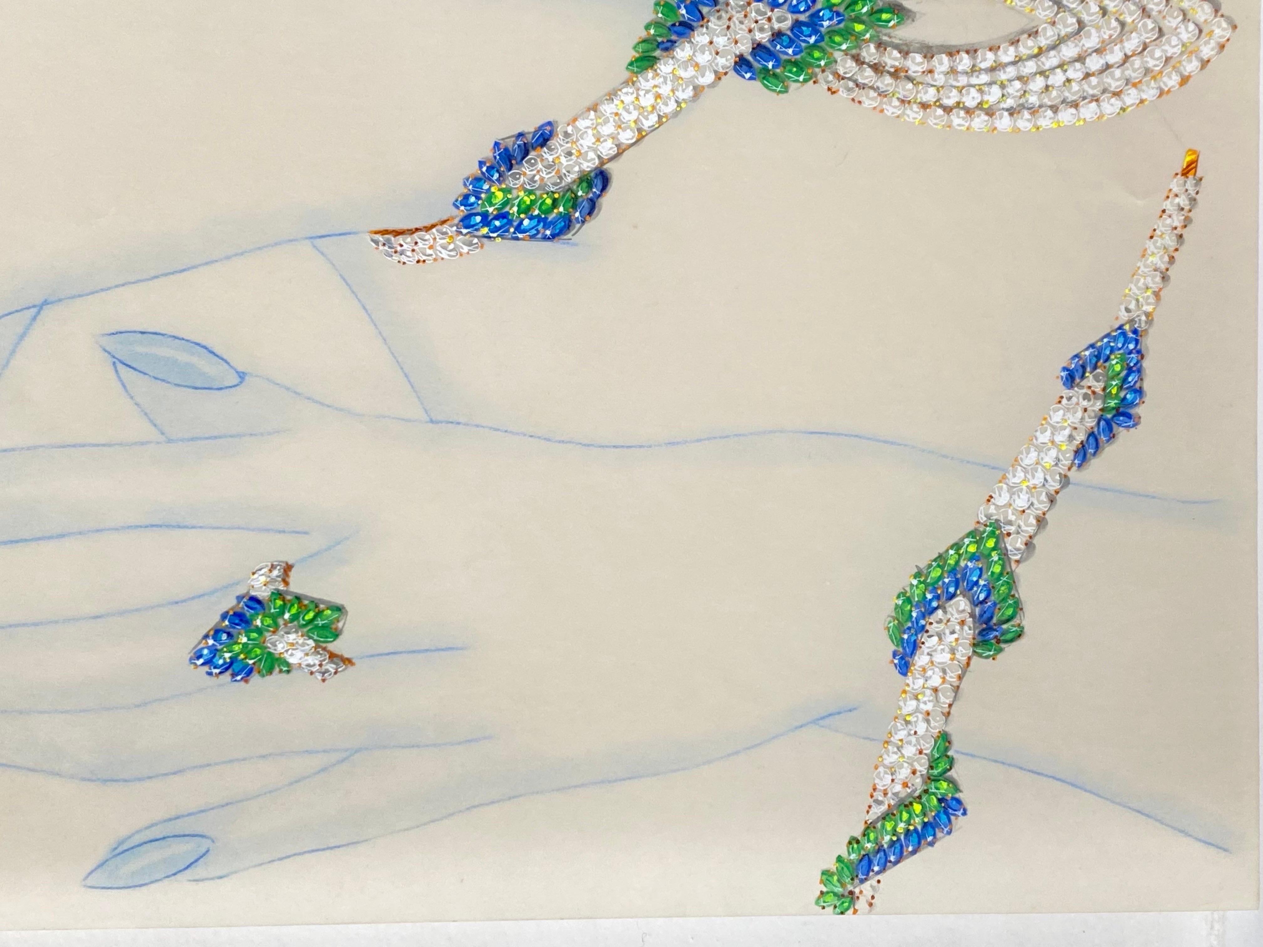 Sketch for a jewel set - necklace and earrings - Van Cleef Bulgari Cartier 1985 - Beige Portrait by Philippe Deloison