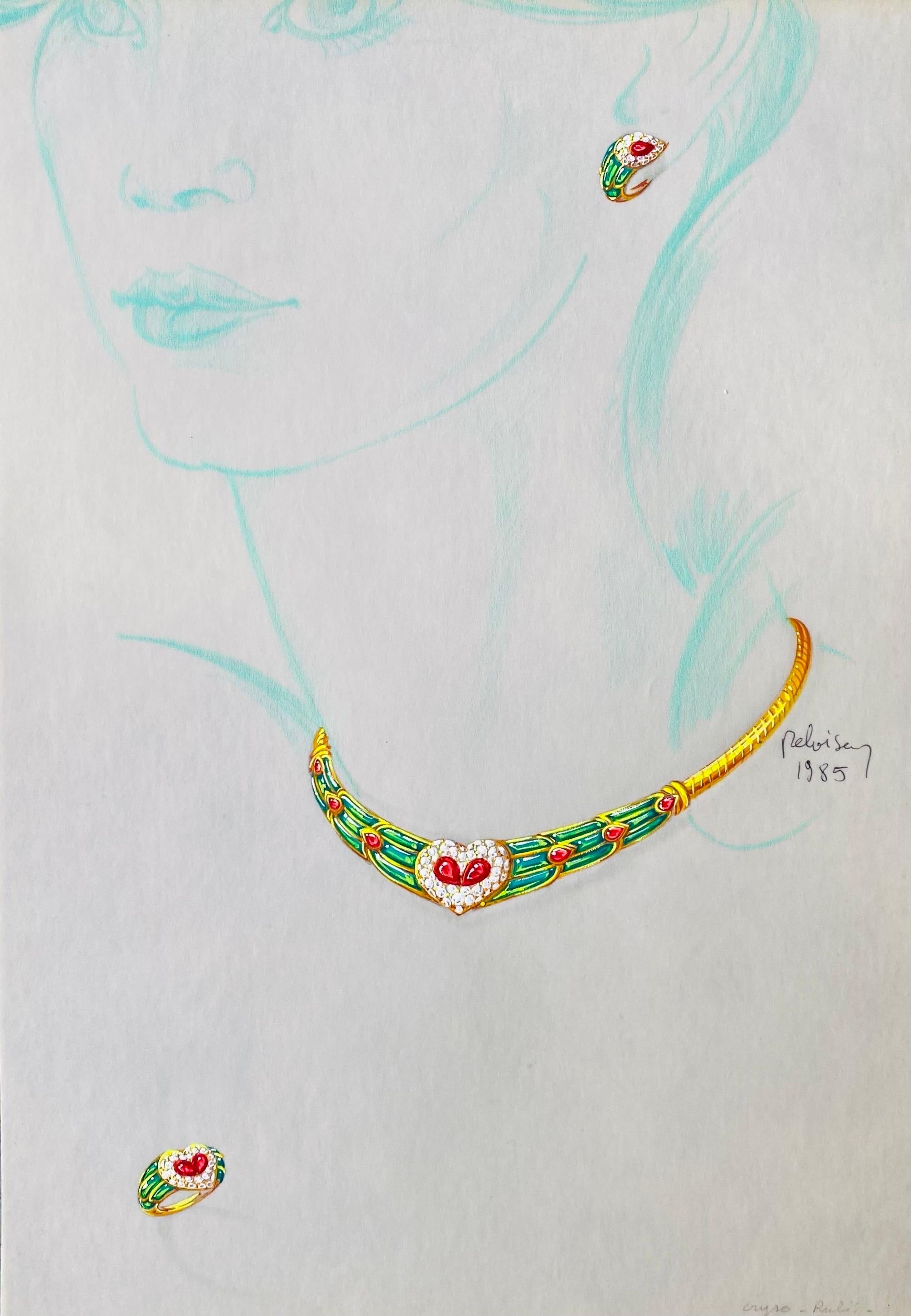 Philippe Deloison Figurative Art - Sketch for a jewel set - necklace and earrings - Van Cleef Bulgari Cartier Ruby