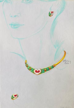 Sketch for a jewel set - necklace and earrings - Van Cleef Bulgari Cartier Ruby