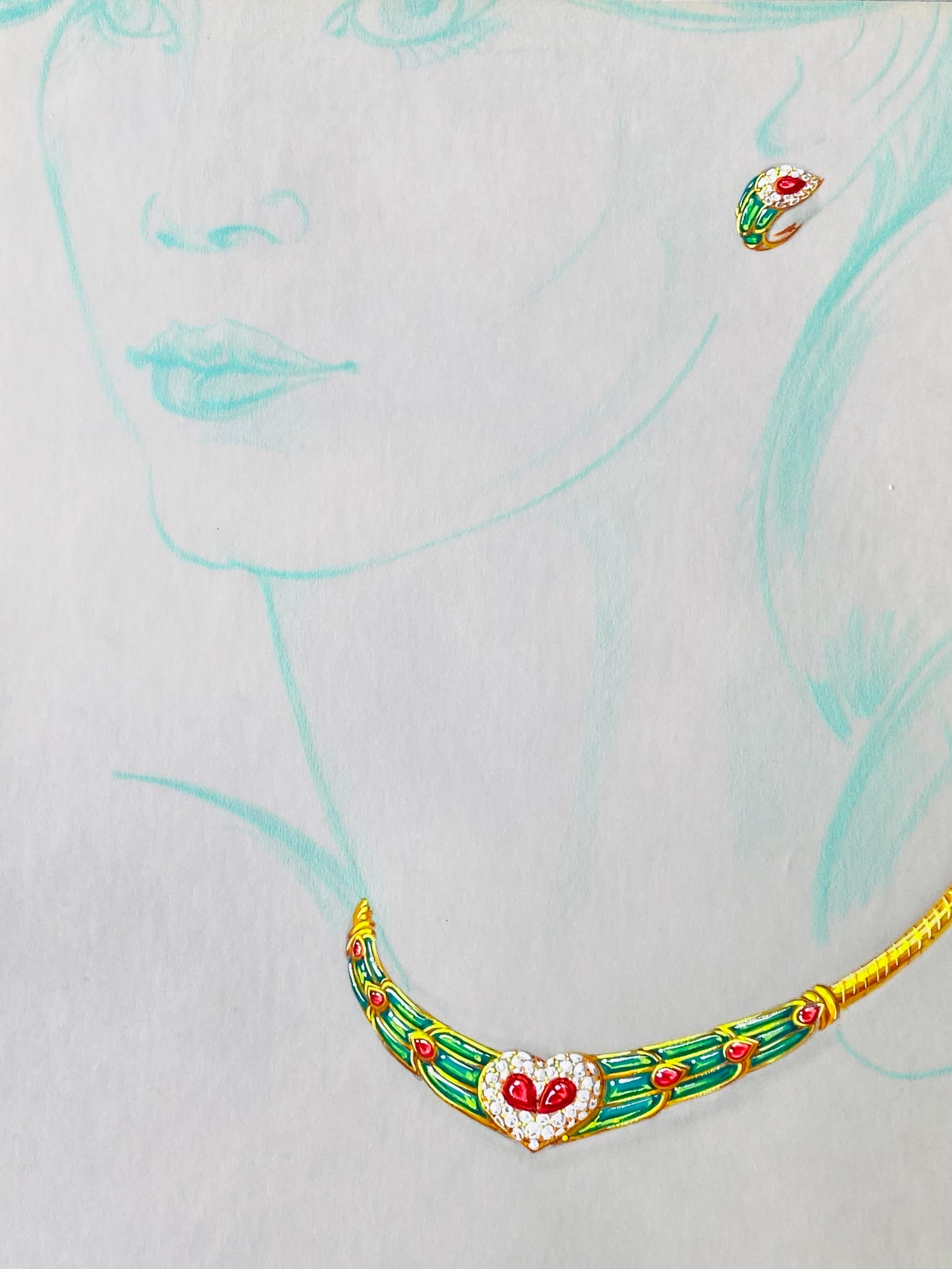 Sketch for a jewel set - necklace and earrings - Van Cleef Bulgari Cartier Ruby - Art by Philippe Deloison