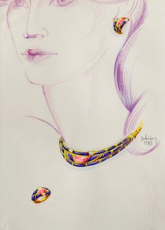 Vintage Sketch for a jewel set - necklace and earrings - Van Cleef Bulgari Cartier 1985
