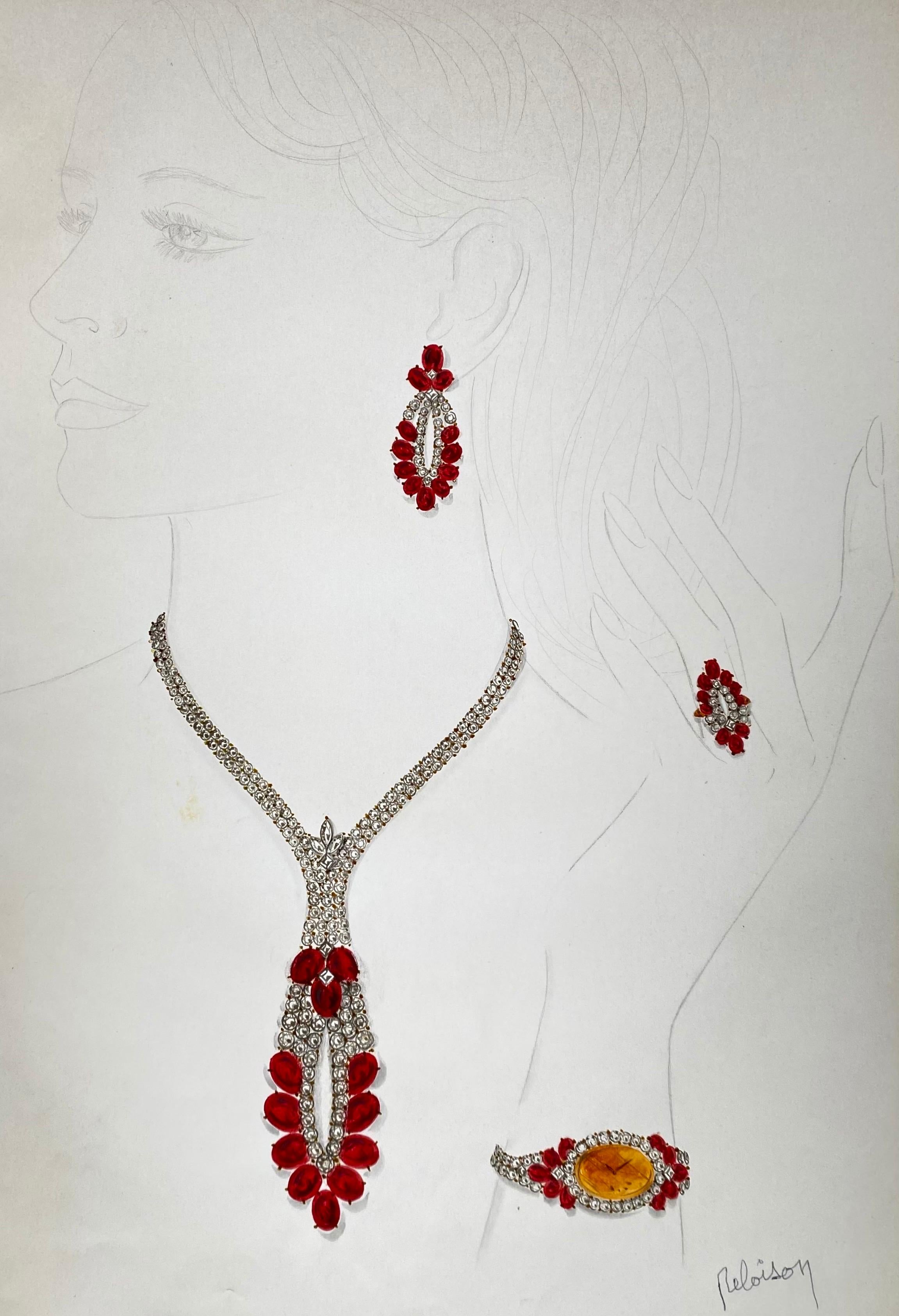 Philippe Deloison Figurative Art - Sketch jewellery set necklace and earrings - Van Cleef Bulgari Cartier Cravatte
