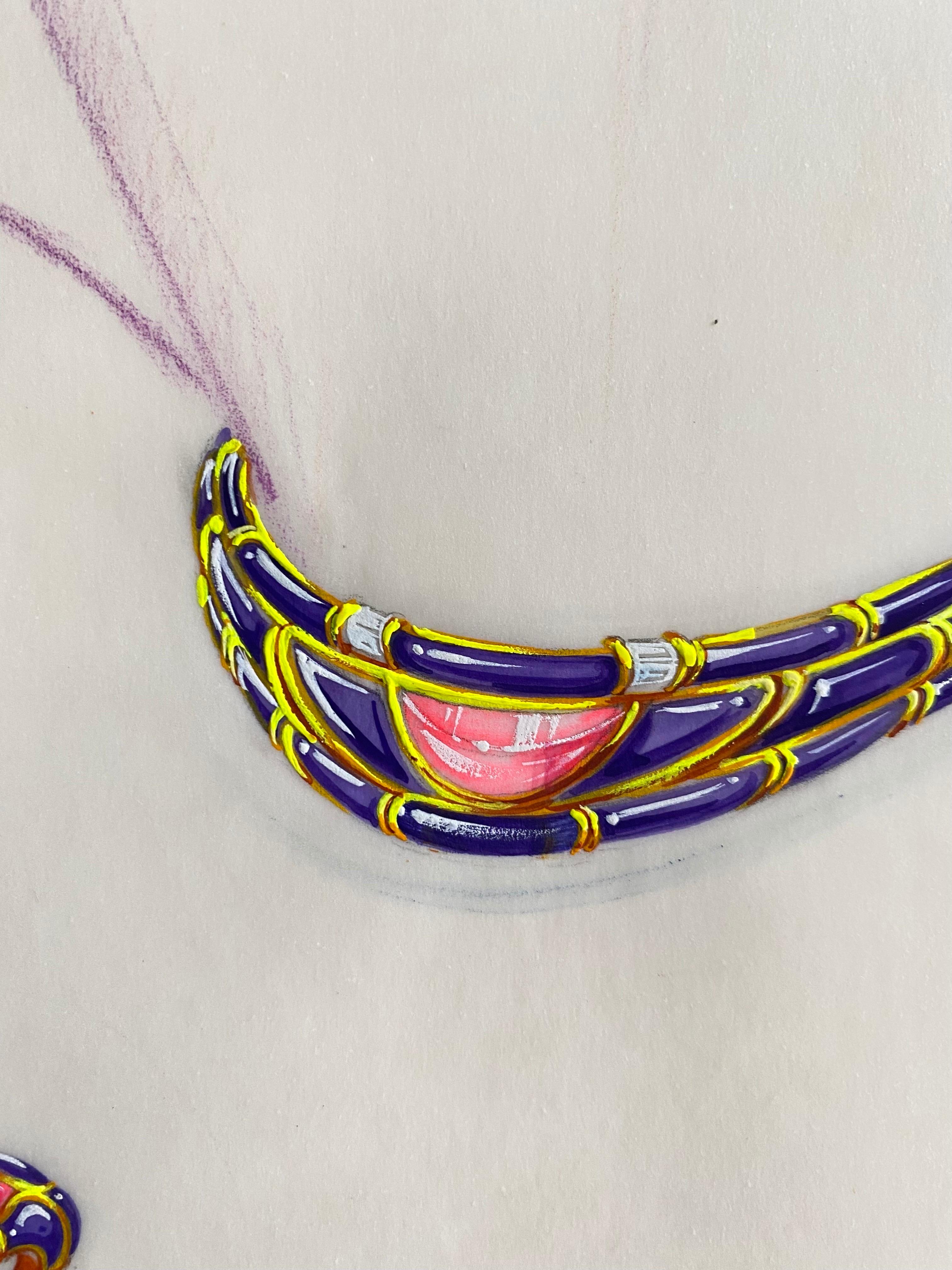 Sketch for a jewel set - necklace and earrings - Van Cleef Bulgari Cartier 1985 - Beige Figurative Art by Philippe Deloison