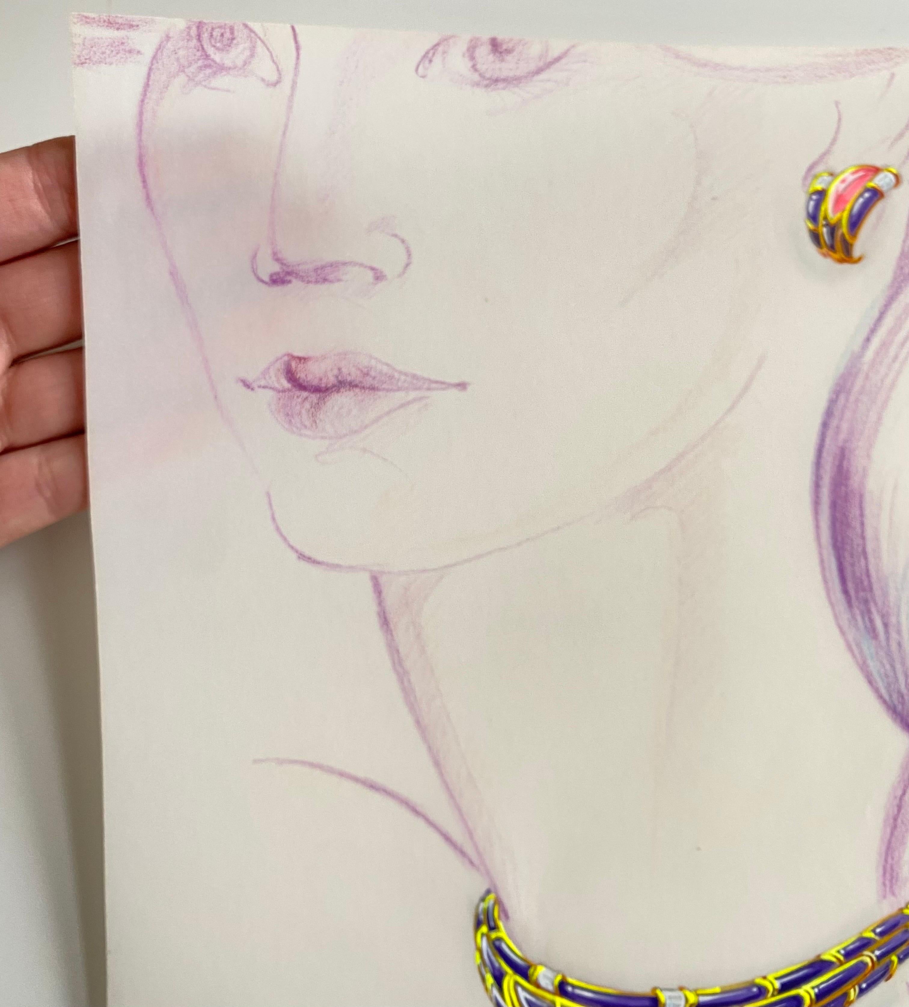 Sketch for a jewel set - necklace and earrings - Van Cleef Bulgari Cartier 1985 1