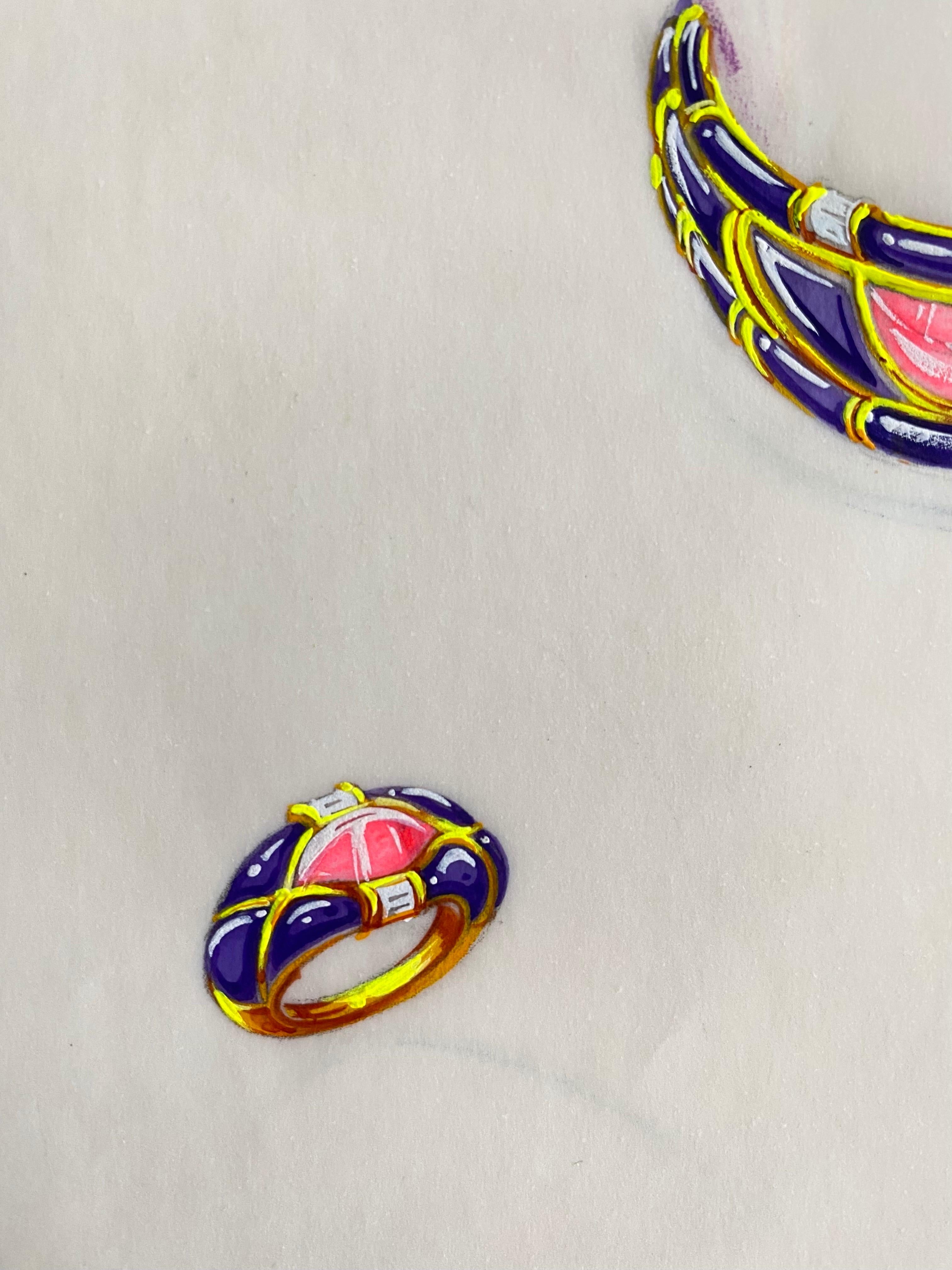 Schizzo per una parure di gioielli - collana e orecchini - Van Cleef Bulgari Cartier 1985 - Art di Philippe Deloison
