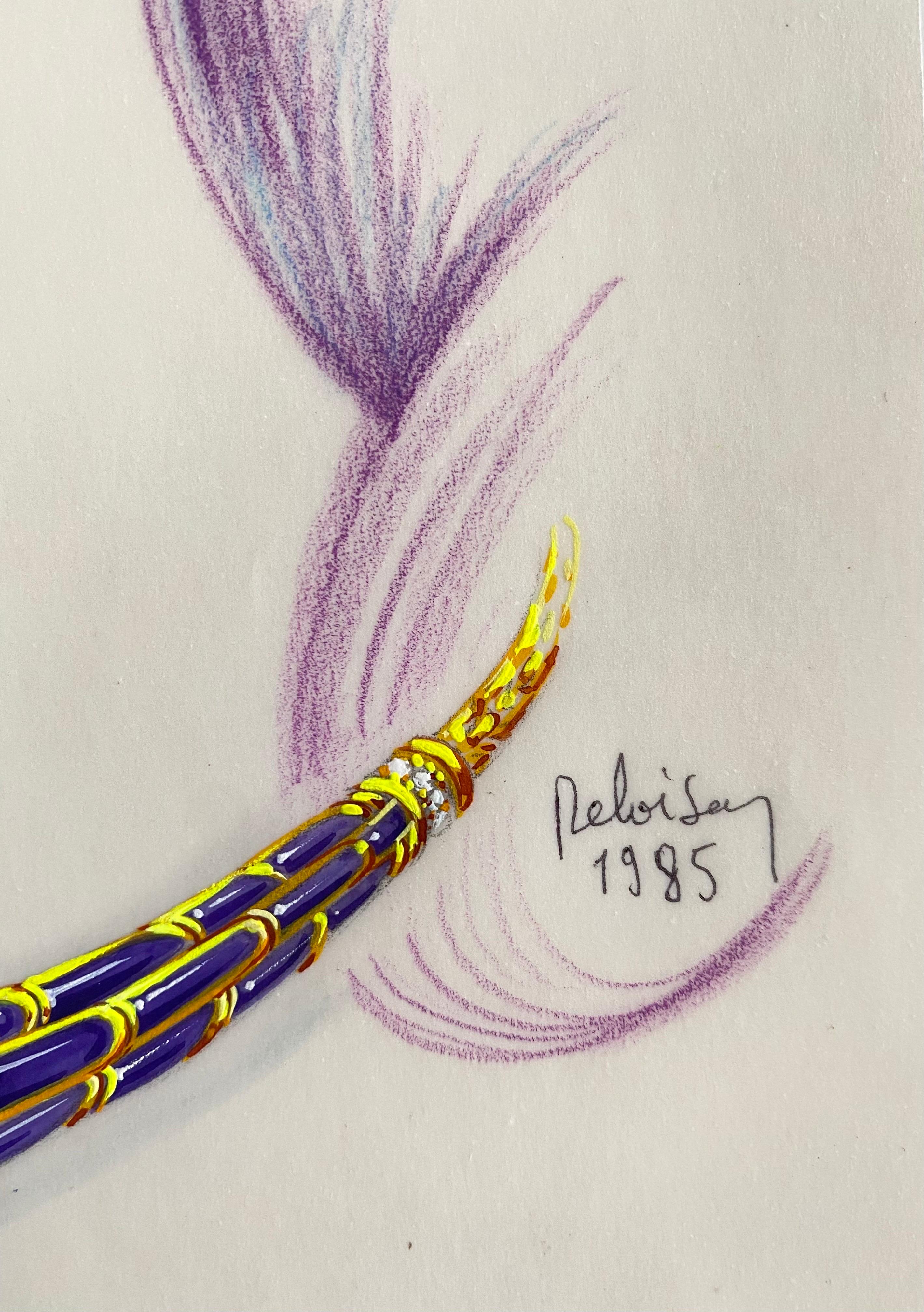 Schizzo per una parure di gioielli - collana e orecchini - Van Cleef Bulgari Cartier 1985 - Art Fotorealista di Philippe Deloison