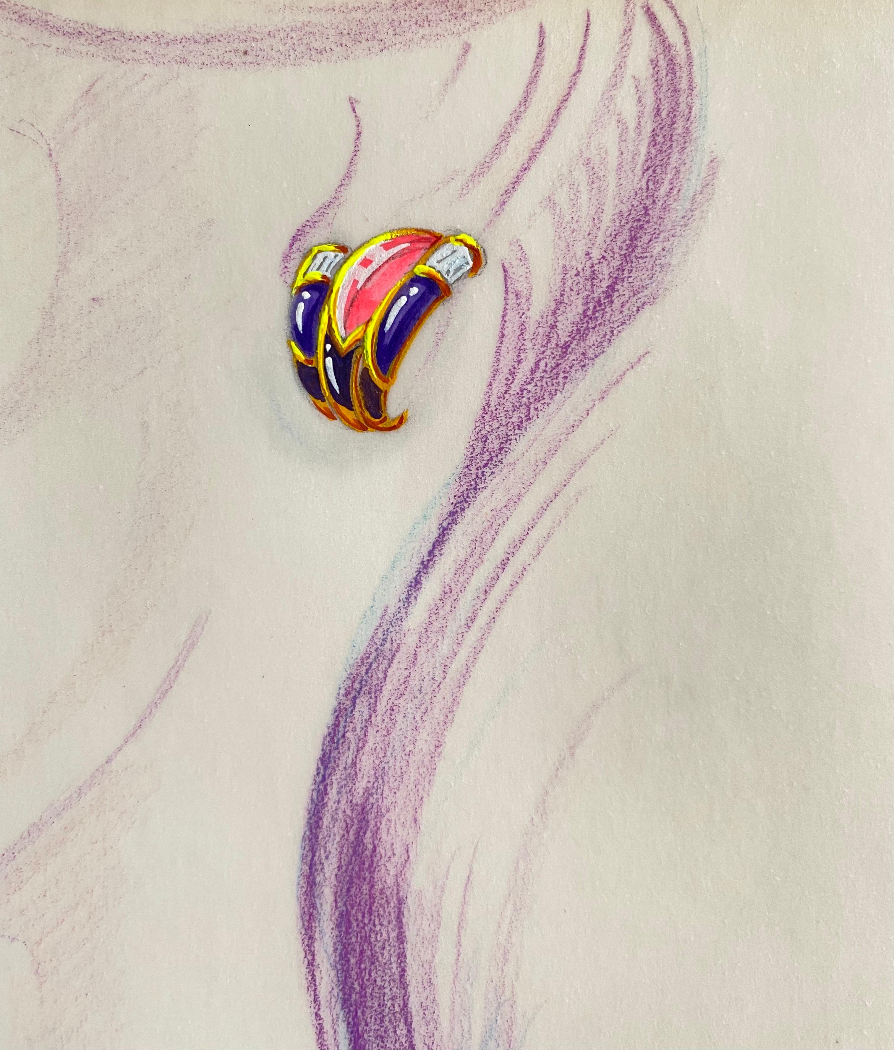 Rarissimo disegno preparatorio per una parure di alta gioielleria in oro, ametiste e corallo, 1985. Guazzo su carta da lucido, firmato e datato. Sul retro della cornice è riportato il titolo 