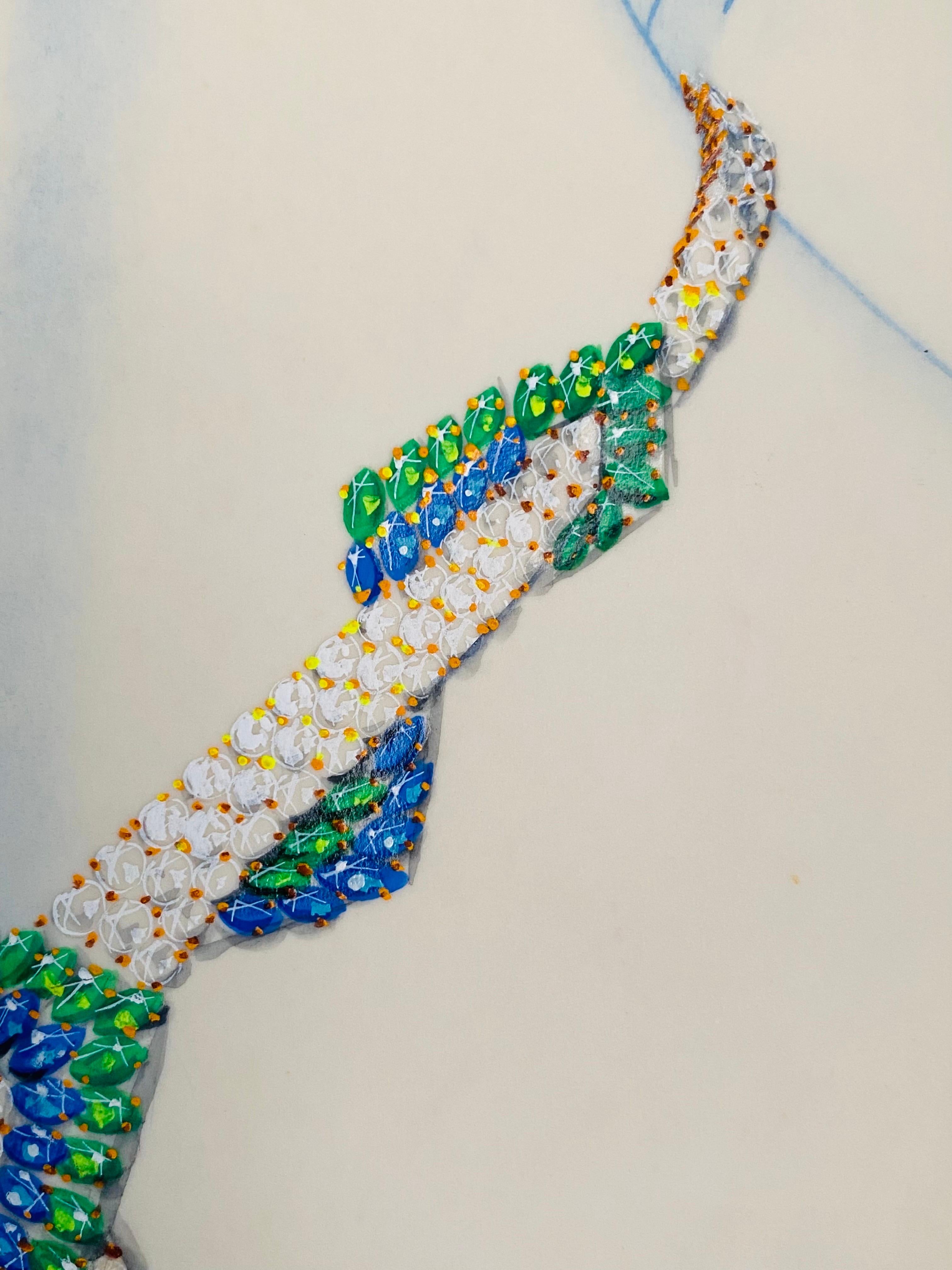 Rarissimo disegno preparatorio per una parure di alta gioielleria in oro; diamanti, zaffiri e smeraldi. Guazzo su carta da lucido, firmato. Sul retro della cornice è scritto 