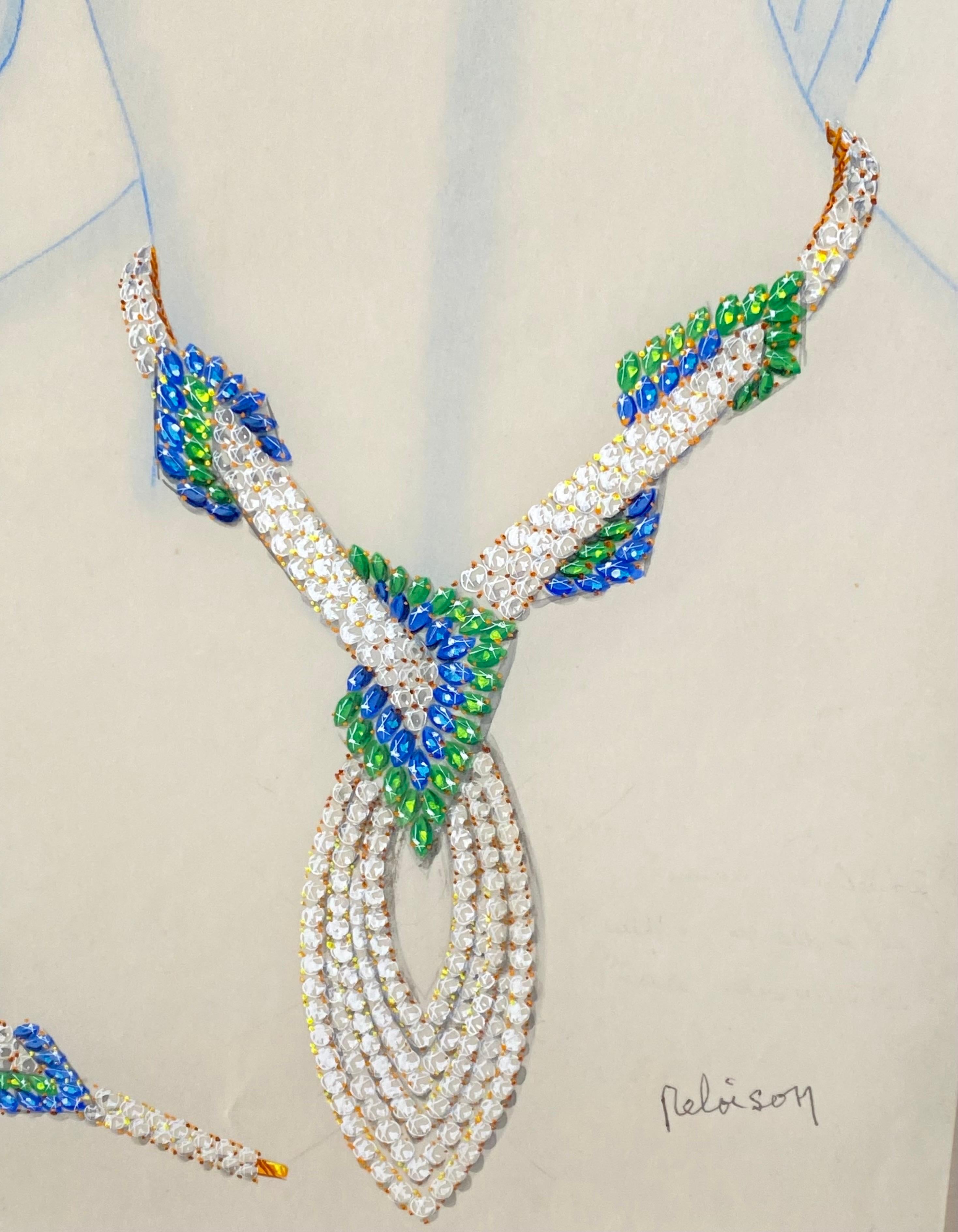 Schizzo per una parure di gioielli - collana e orecchini - Van Cleef Bulgari Cartier 1985 - Art Fotorealista di Philippe Deloison