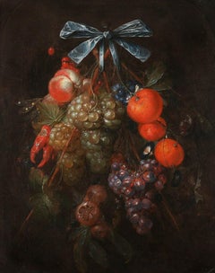 17th century dutch still-life with fruits, oranges, chili peppers and a ribbon