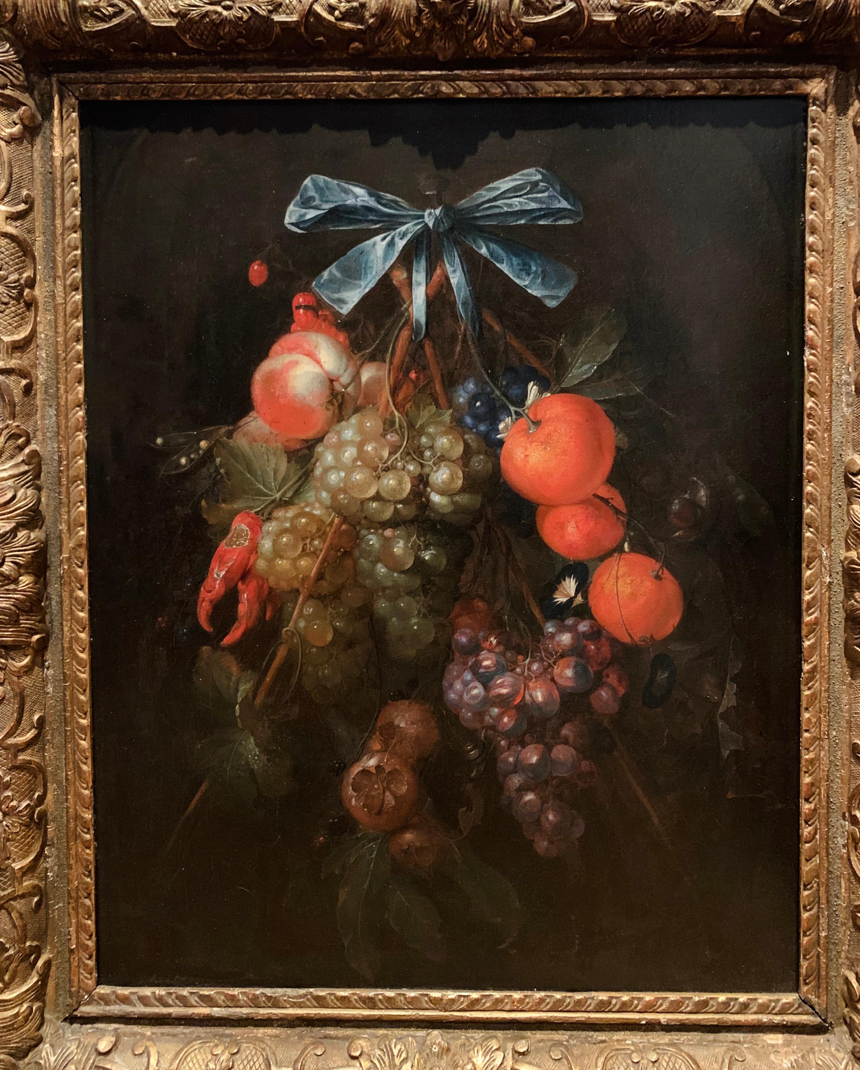 17th century dutch still-life with fruits, oranges, chili peppers and a ribbon - Old Masters Painting by Cornelis de Heem