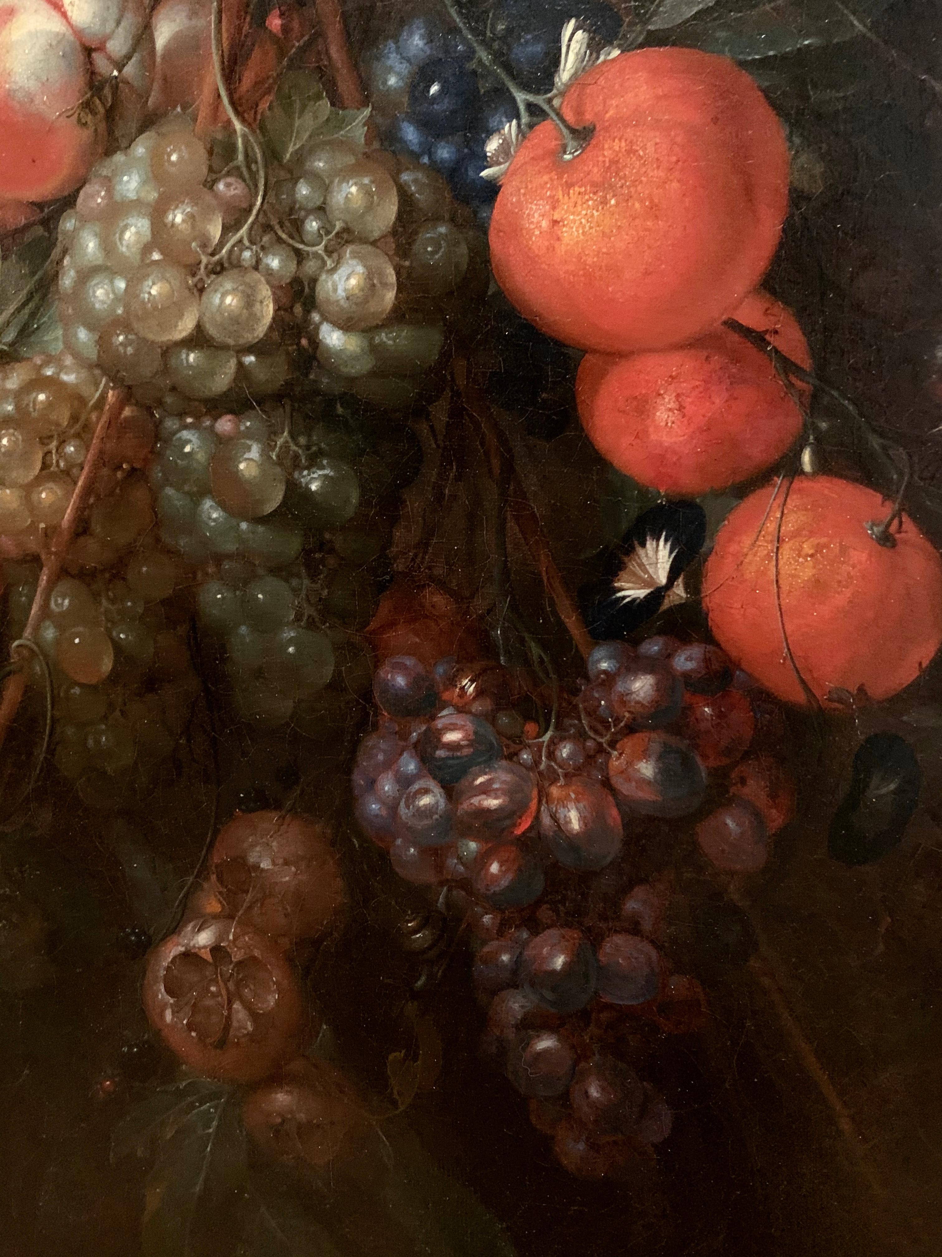 Opulent 17th century dutch still life by the celebrated artist Cornelis de Heem. It shows an abundant composition (also called festoon) with grapes, blackberries, peaches, chestnuts, cherries, medlars, morning glory, oranges and red chilli peppers.