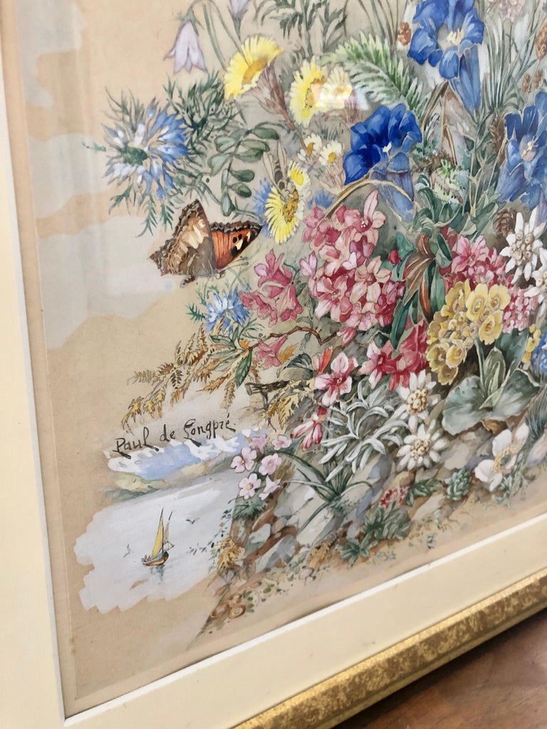 Paul de Longpre 19th century American watercolor Flowers Butterfly