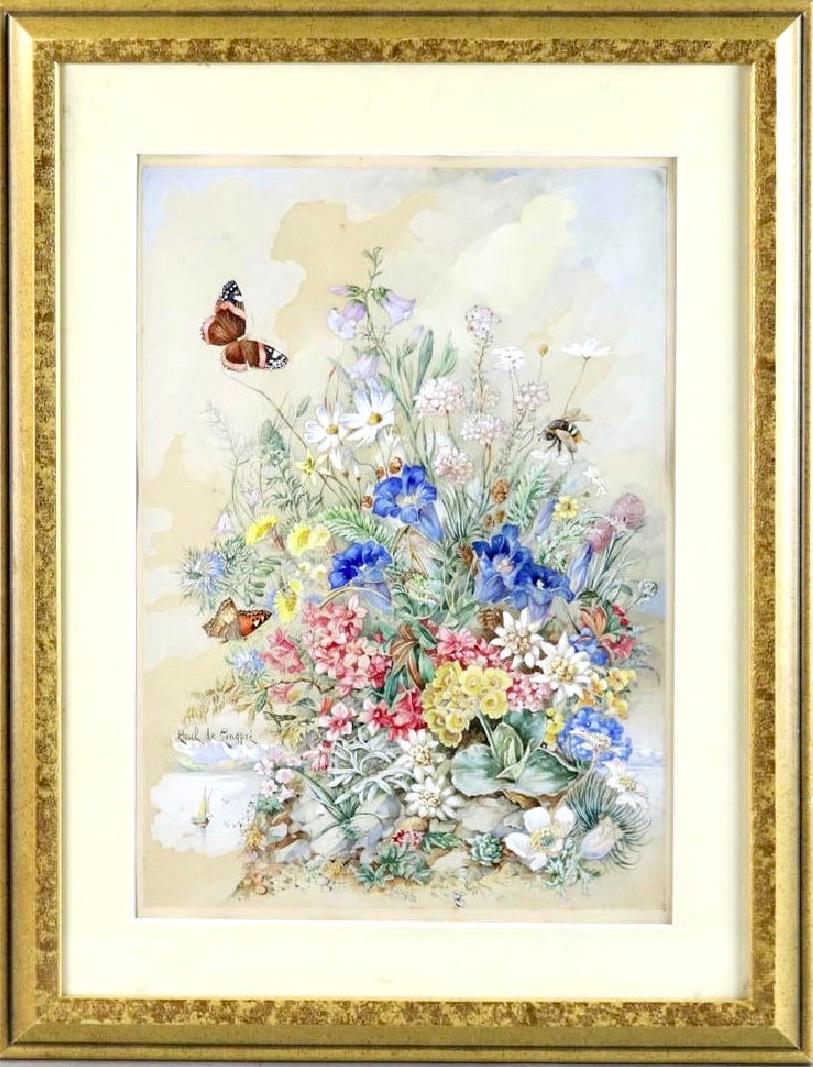 Aquarelle américaine du XIXe siècle - Fleurs et papillons des Alpes Suisses Allemagne