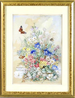 Aquarelle américaine du XIXe siècle - Fleurs et papillons des Alpes Suisses Allemagne