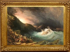 Antique 19th century British Marine painting - The storm - Seascape Lightening Ship
