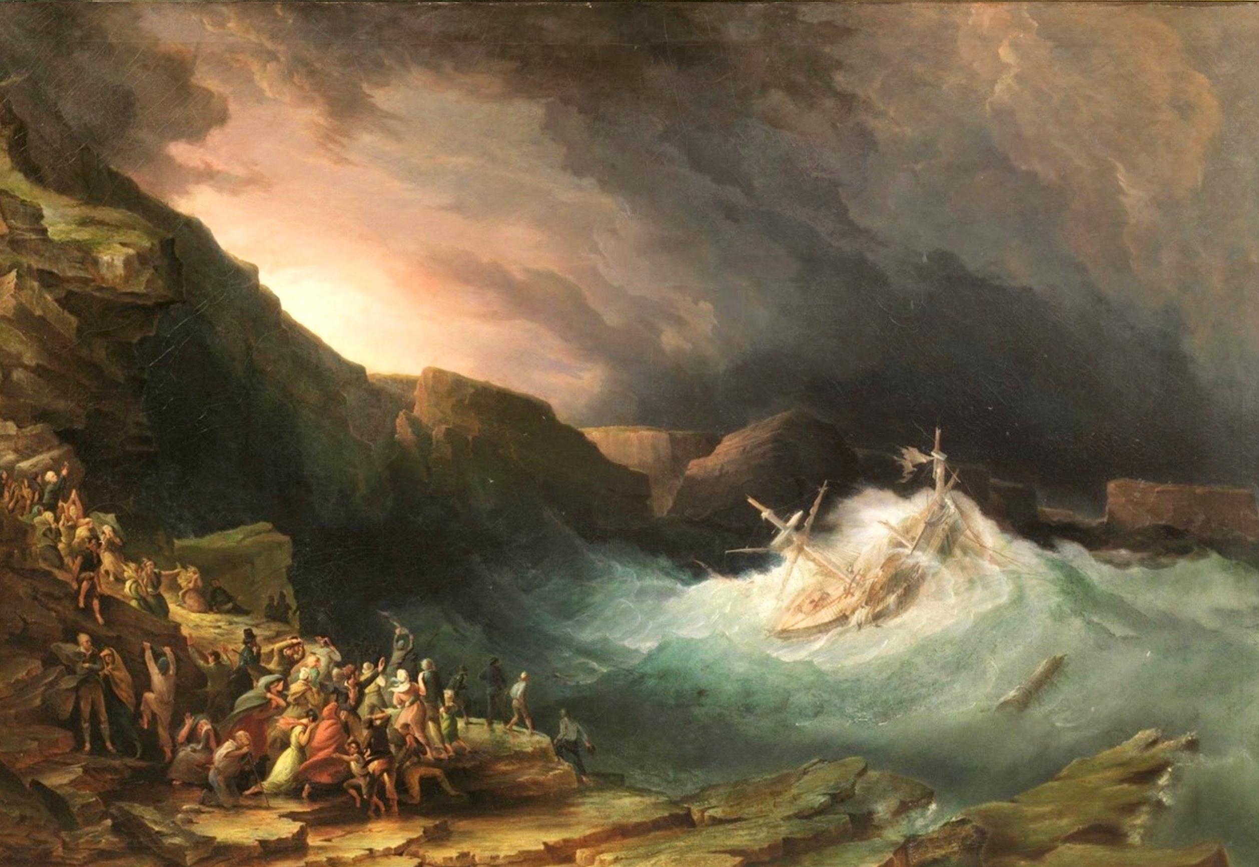 19th century British Marine painting - The storm - Seascape Lightening Ship - Painting by Richard Brydges Beechey