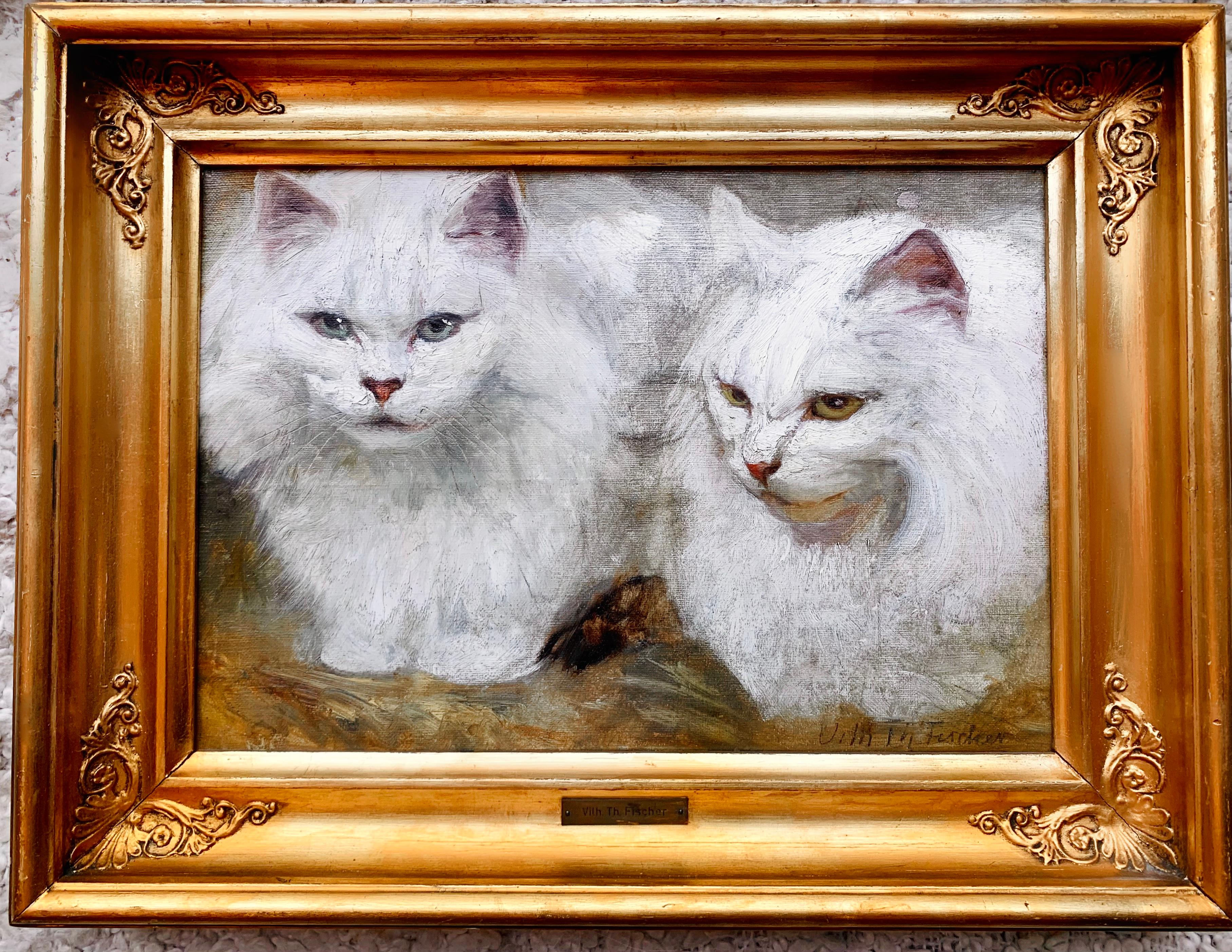 Vilhelm Theodor Fischer Animal Painting - 19th century cat painting - Two White British Longhair Cats - Love