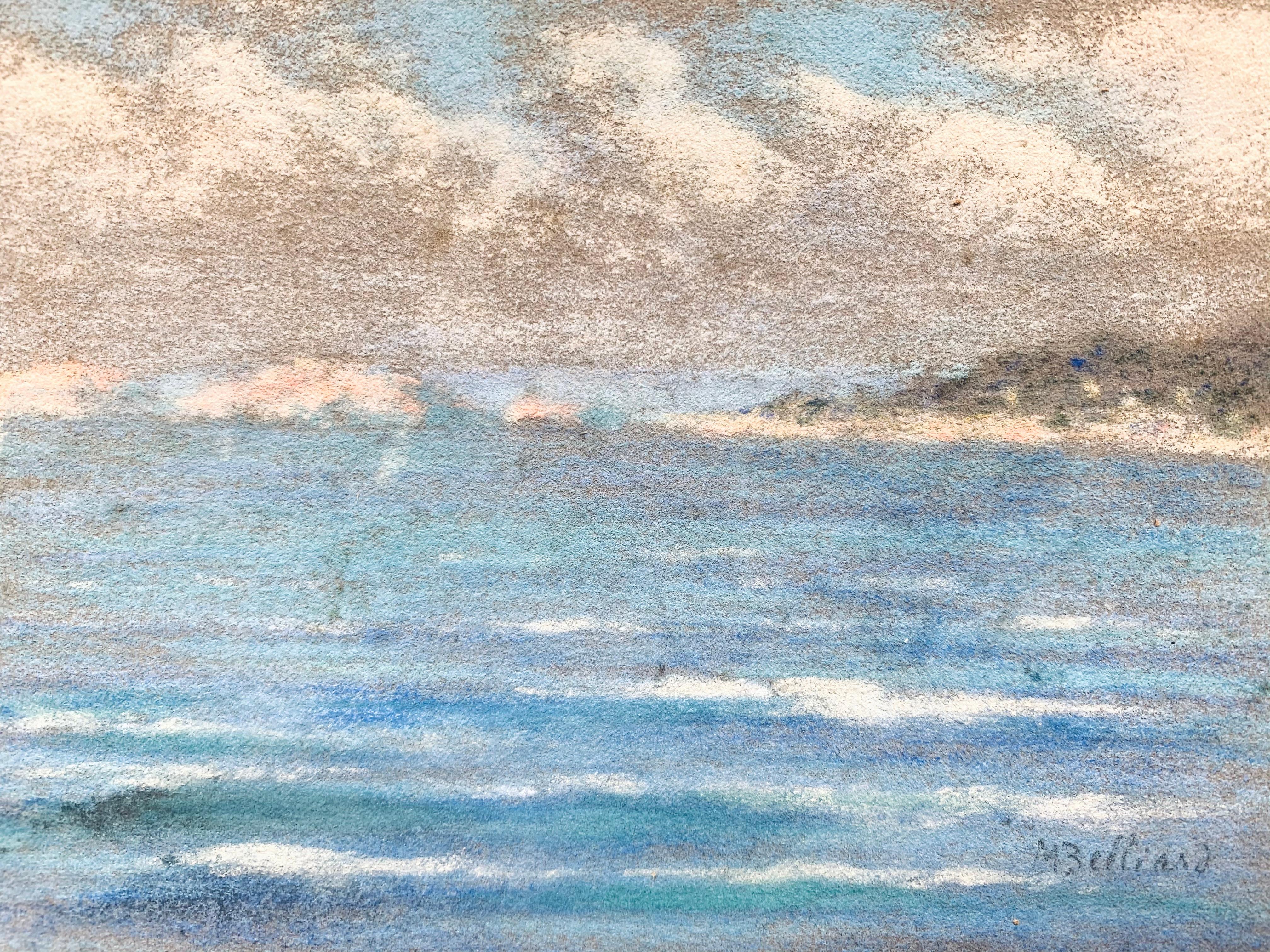 Antique French impressionist Marine pastel painting Cote d'azur  1